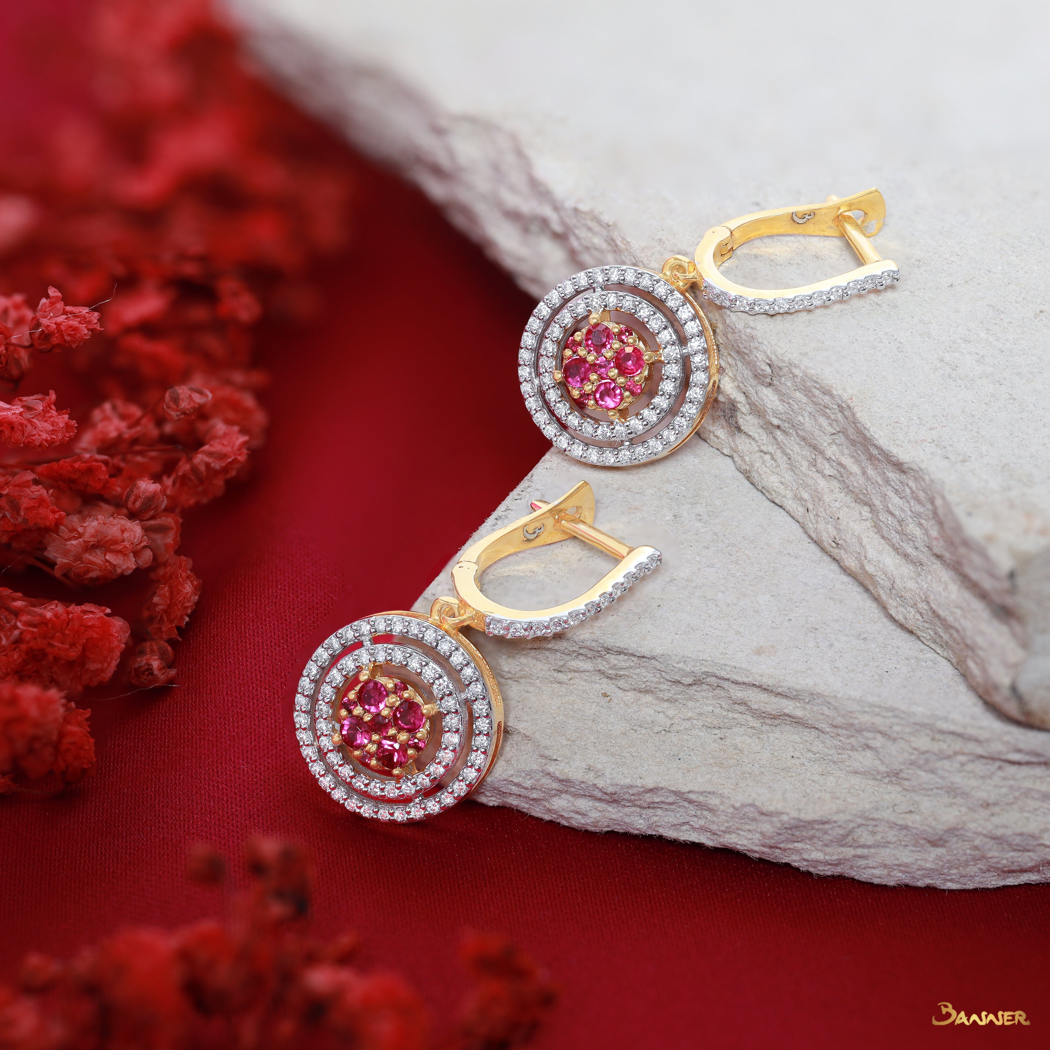 Ruby and Diamond Double Halo Earrings