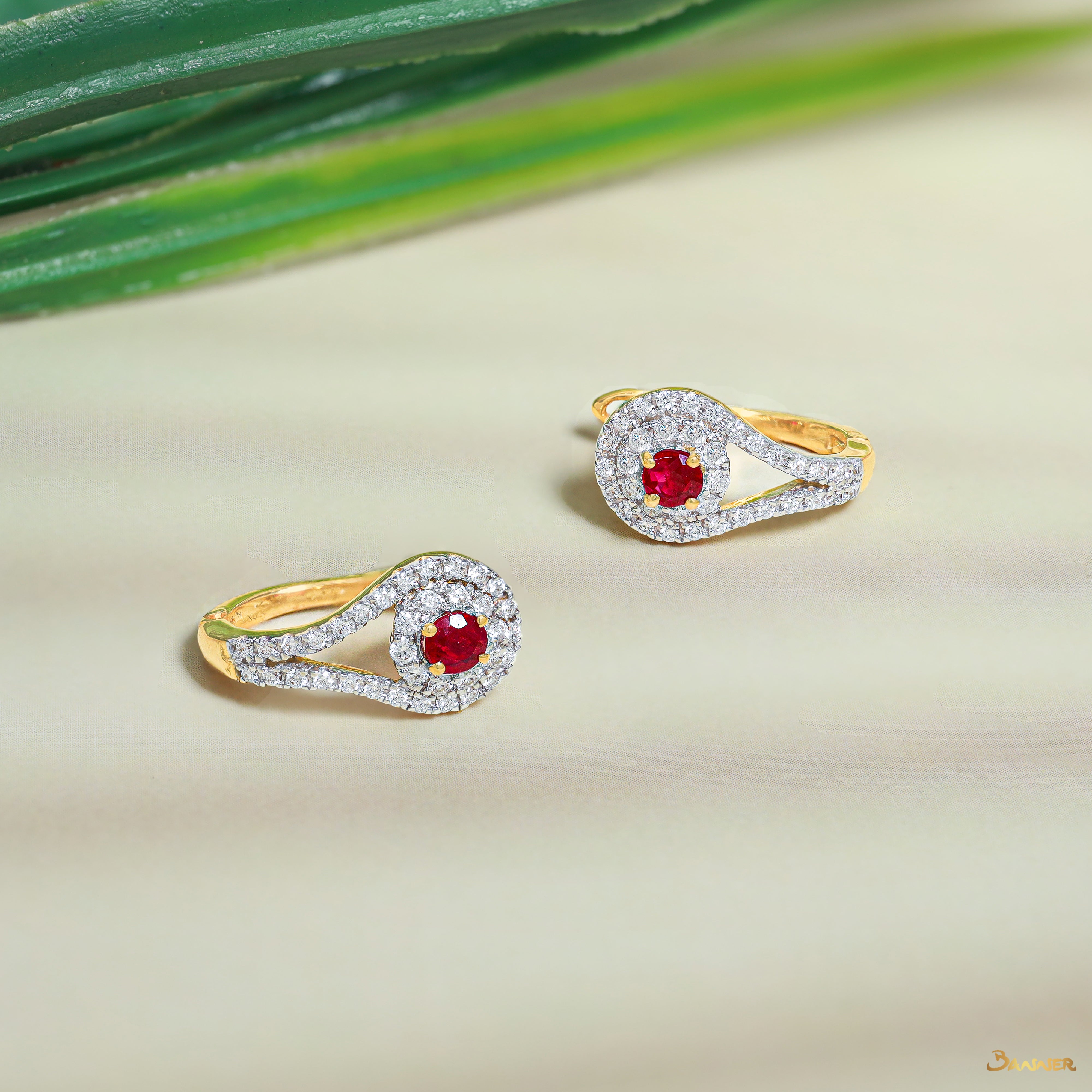 Ruby and Diamond Halo Huggie Earrings