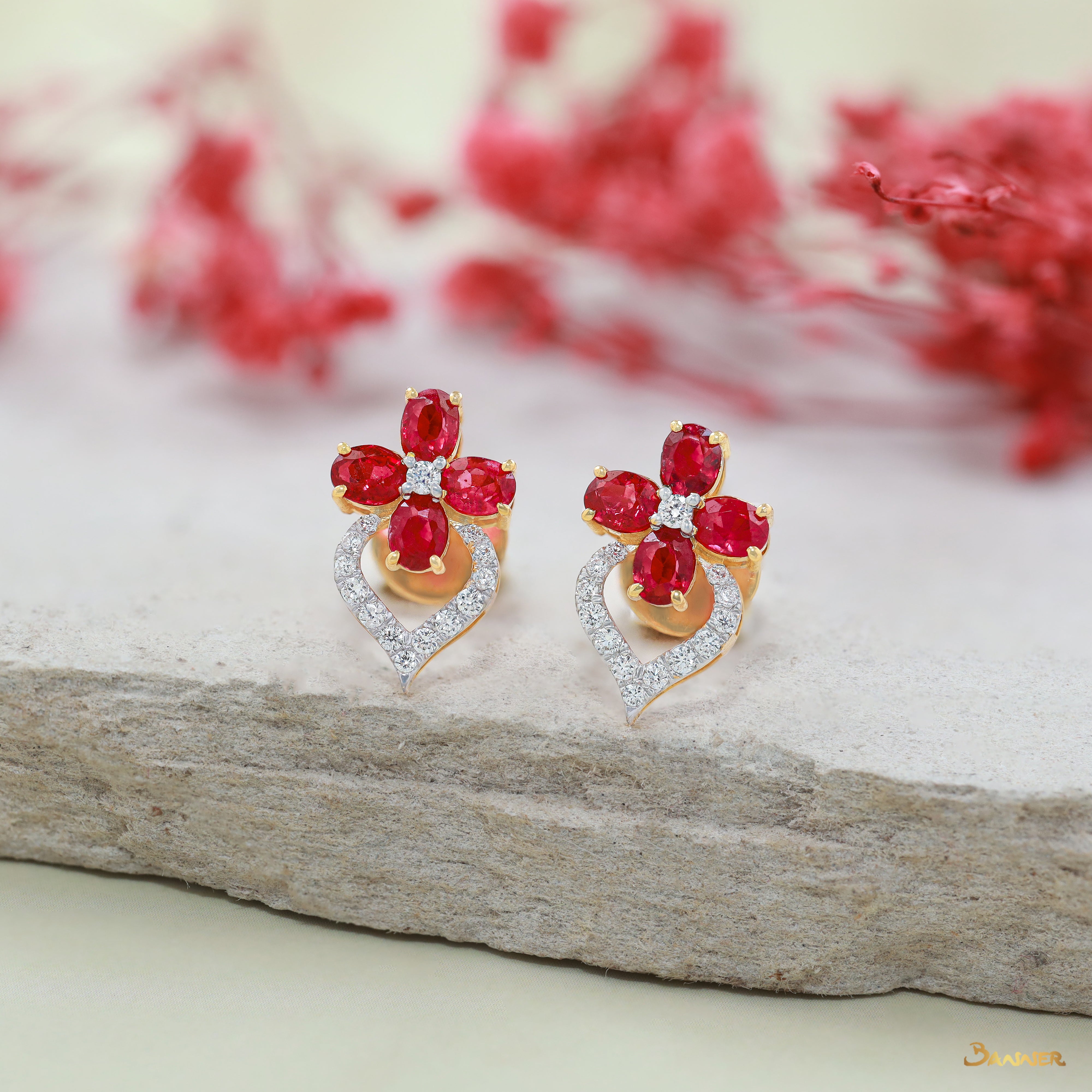 Ruby and Diamond Floral Earrings