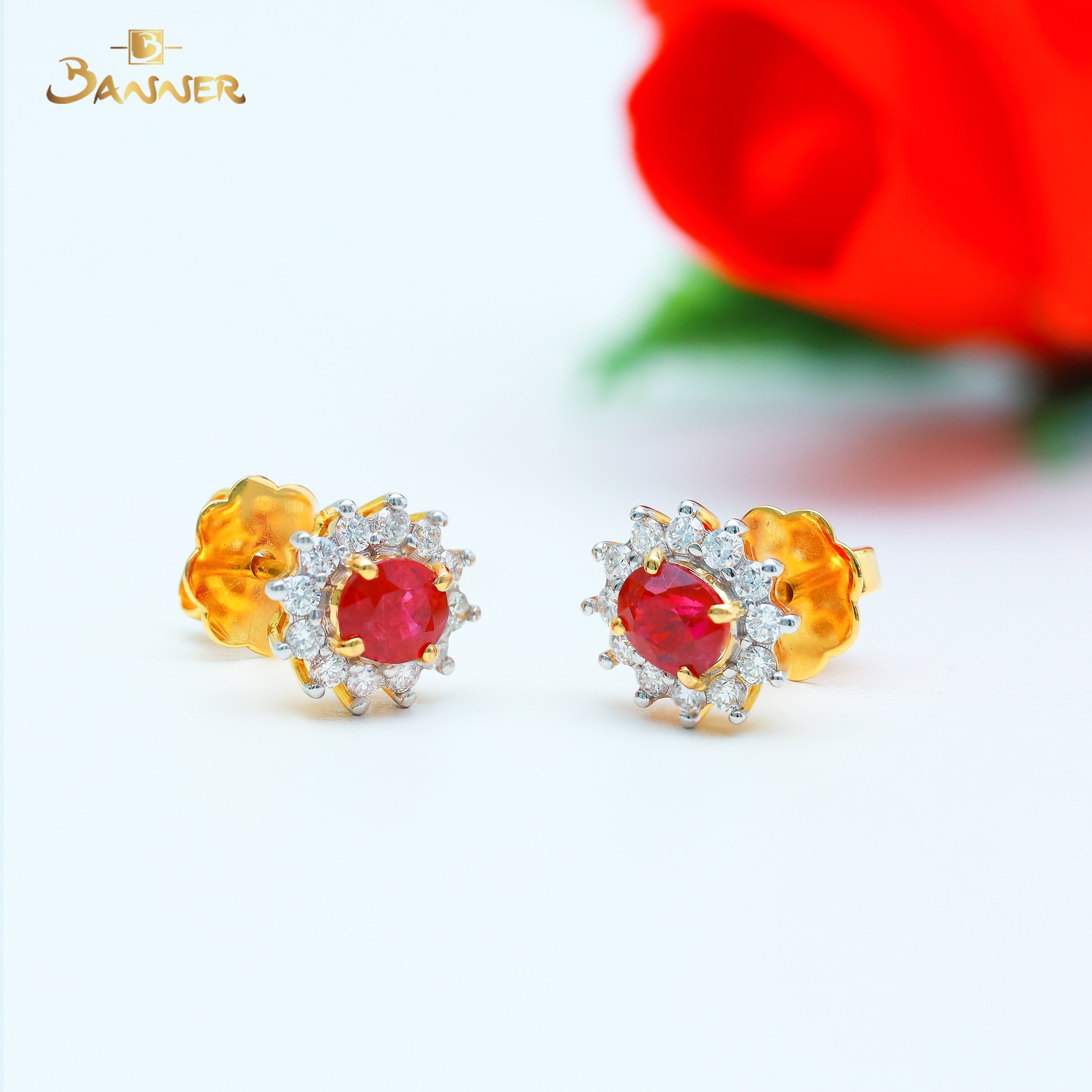 Ruby and Diamond Sunflower Earrings