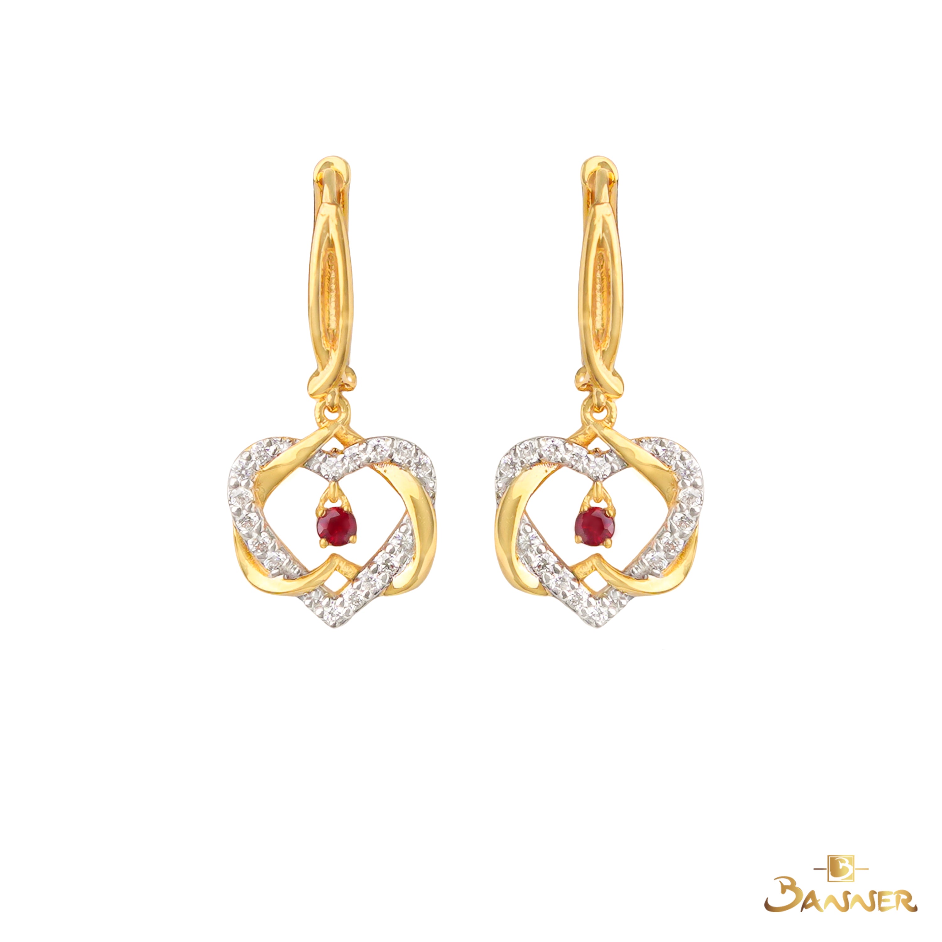 Ruby and Diamond Heart Dangle Earrings