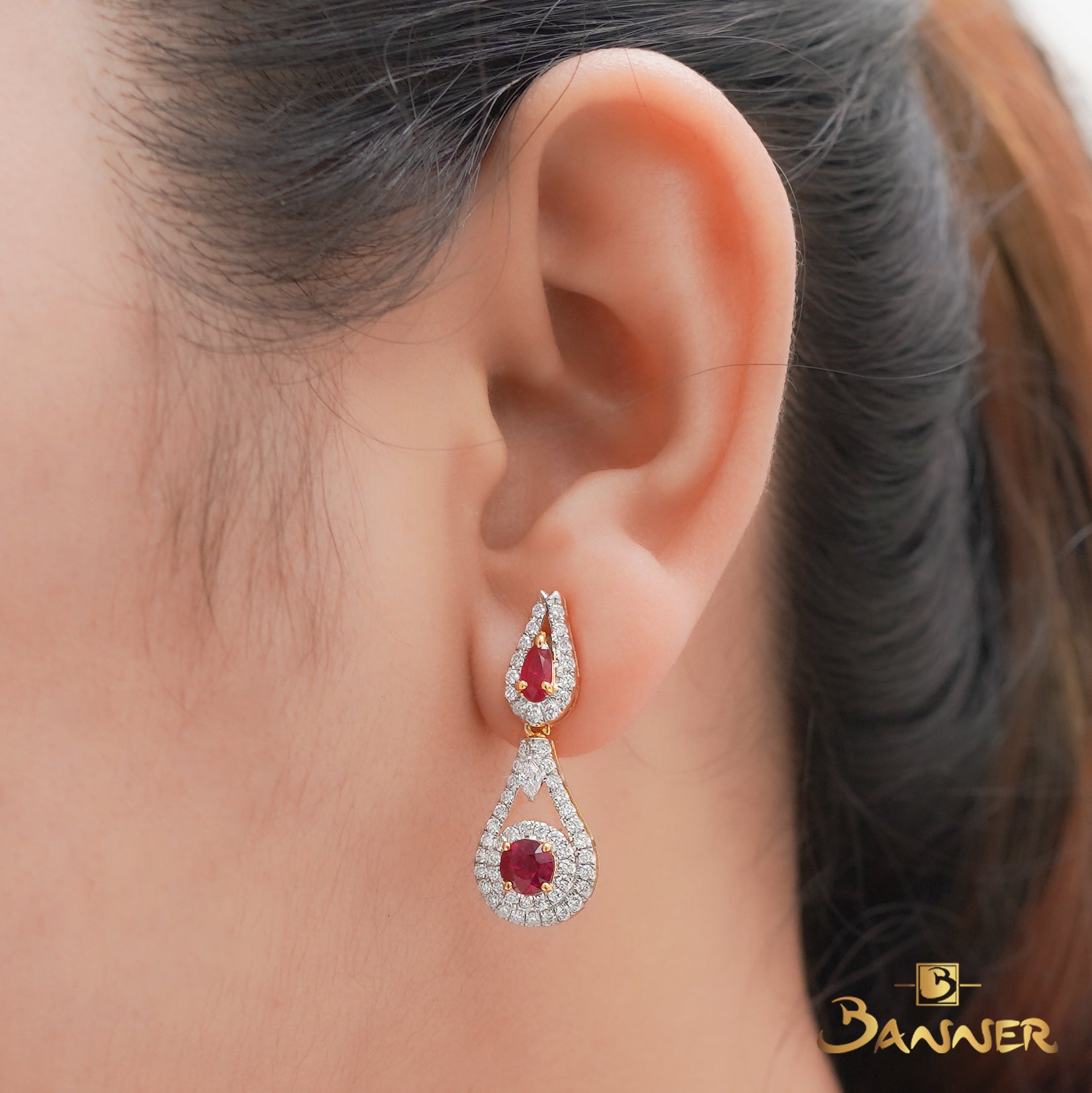 Ruby and Diamond 2-step Drop Earrings