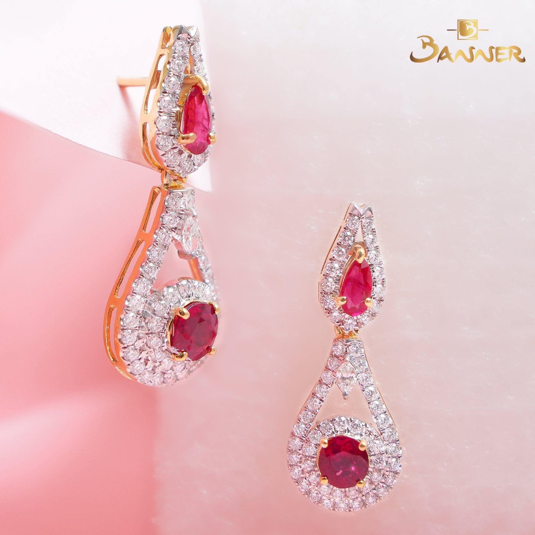 Ruby and Diamond 2-step Drop Earrings