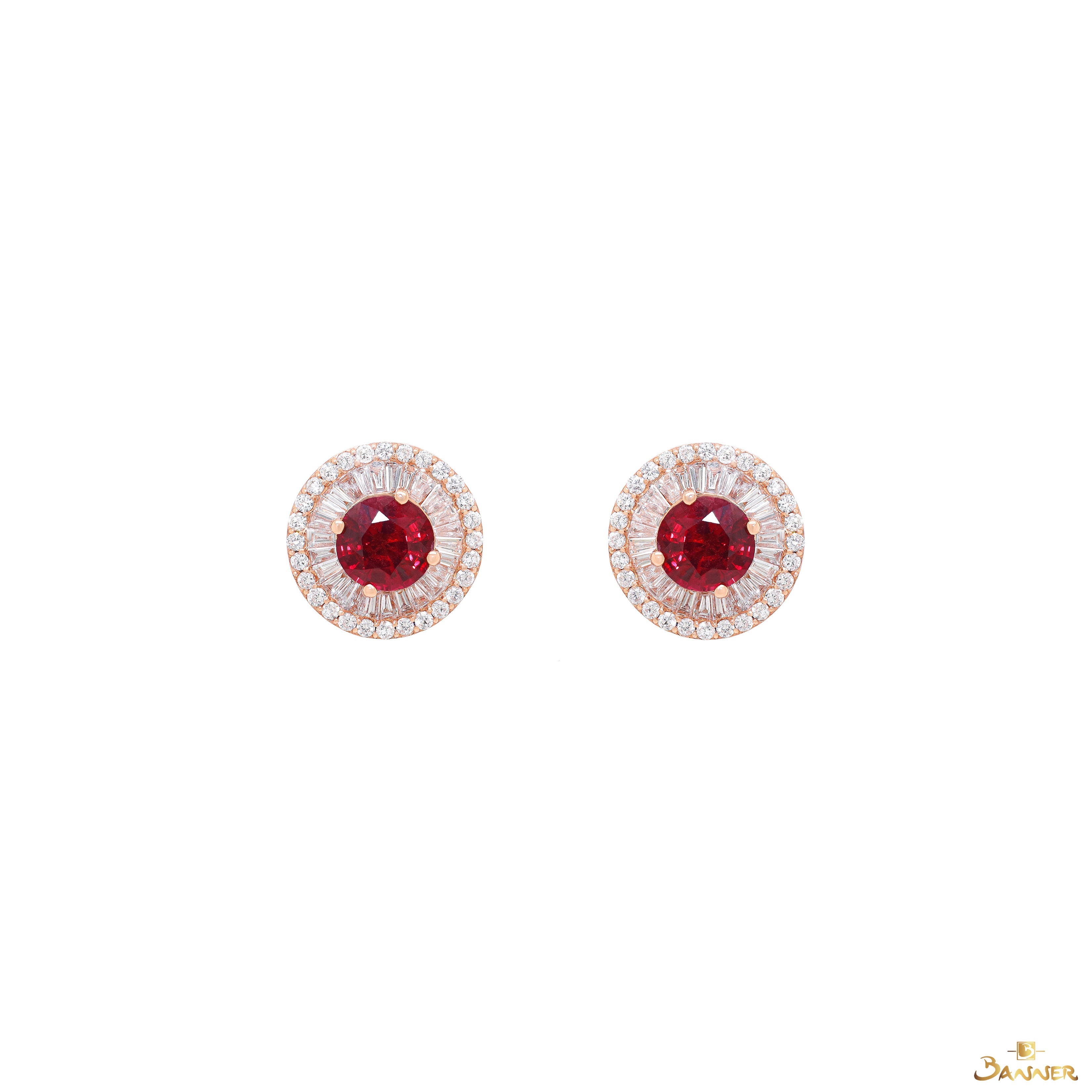 Ruby and Baguette Diamond Double Halo Earrings