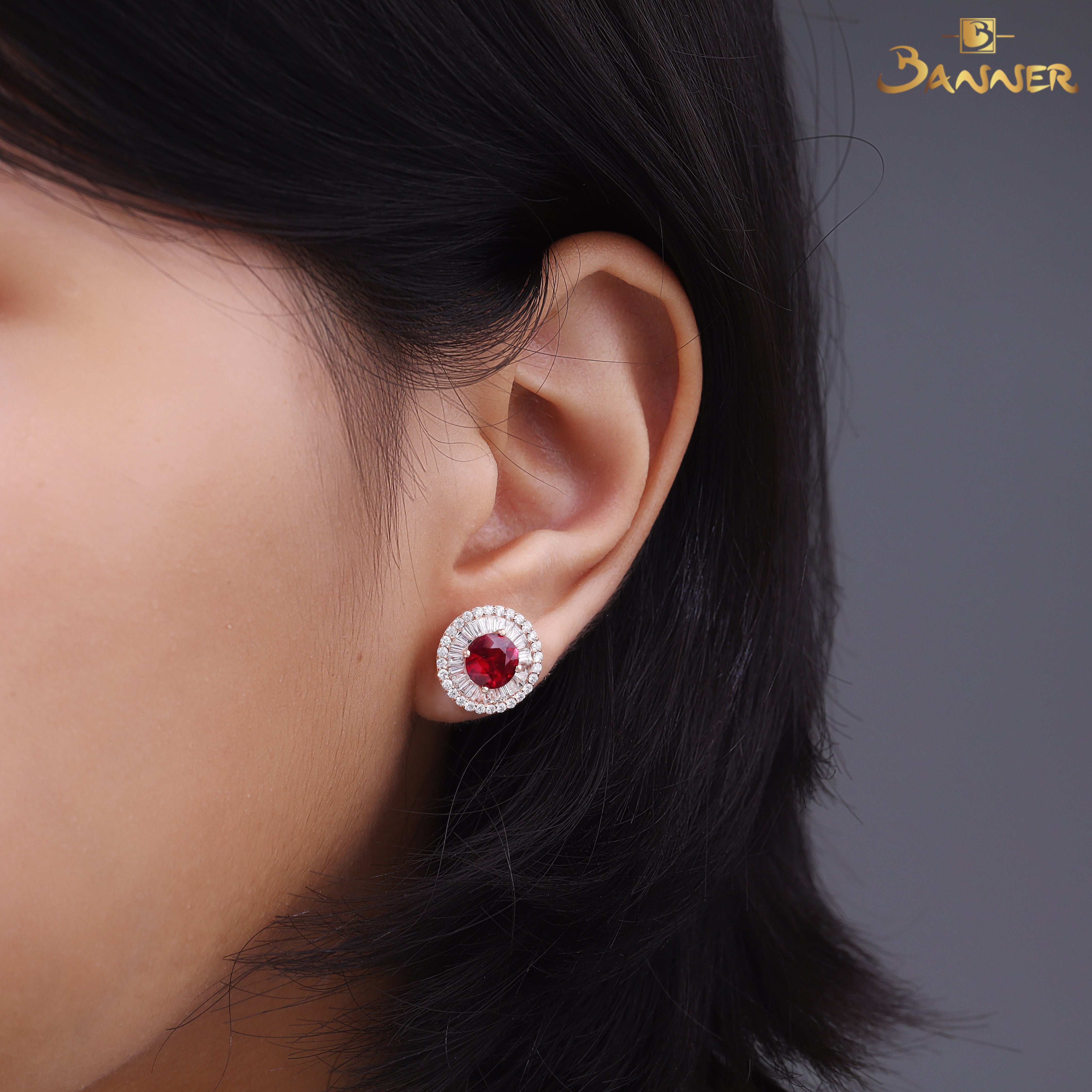Ruby and Baguette Diamond Double Halo Earrings