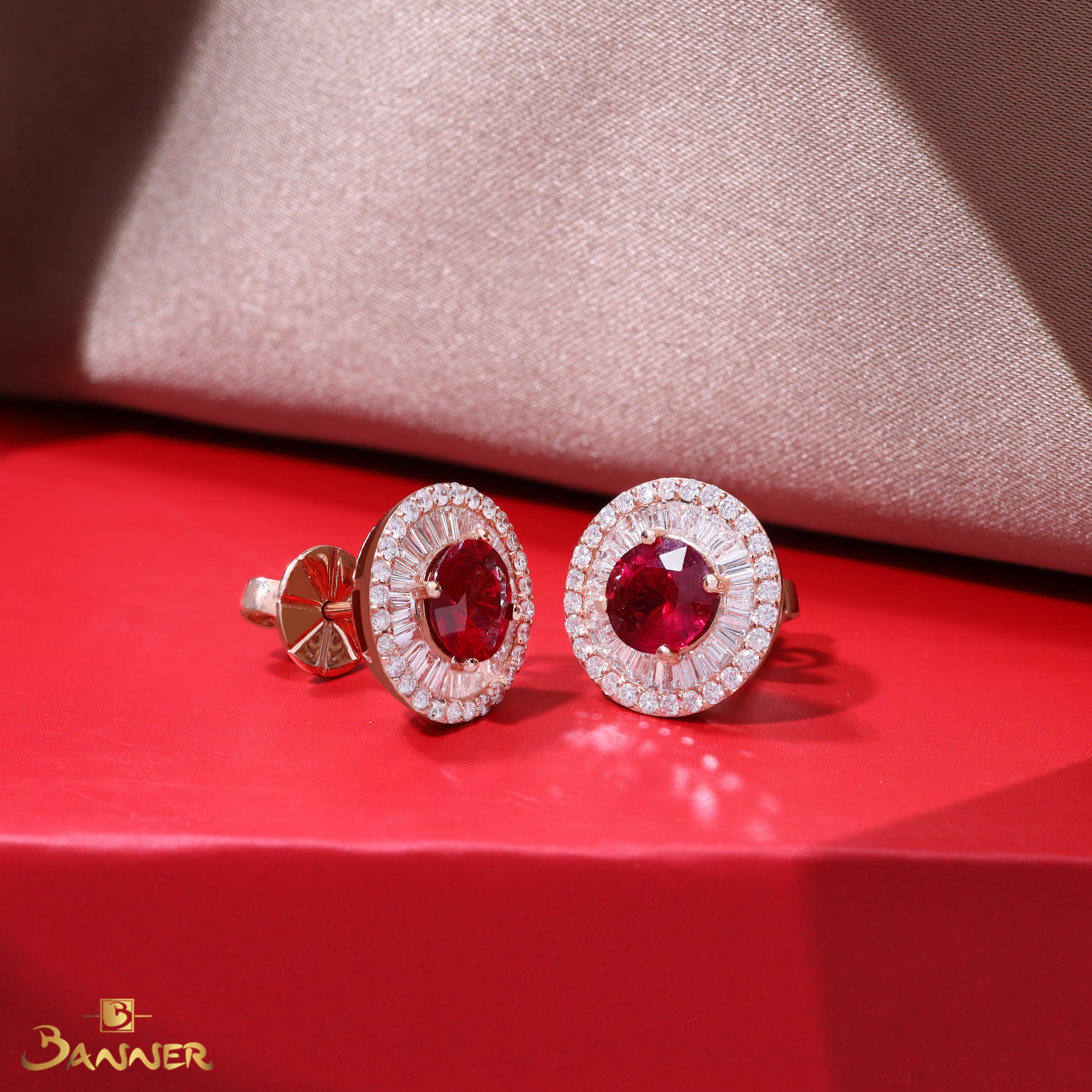Ruby and Baguette Diamond Double Halo Earrings