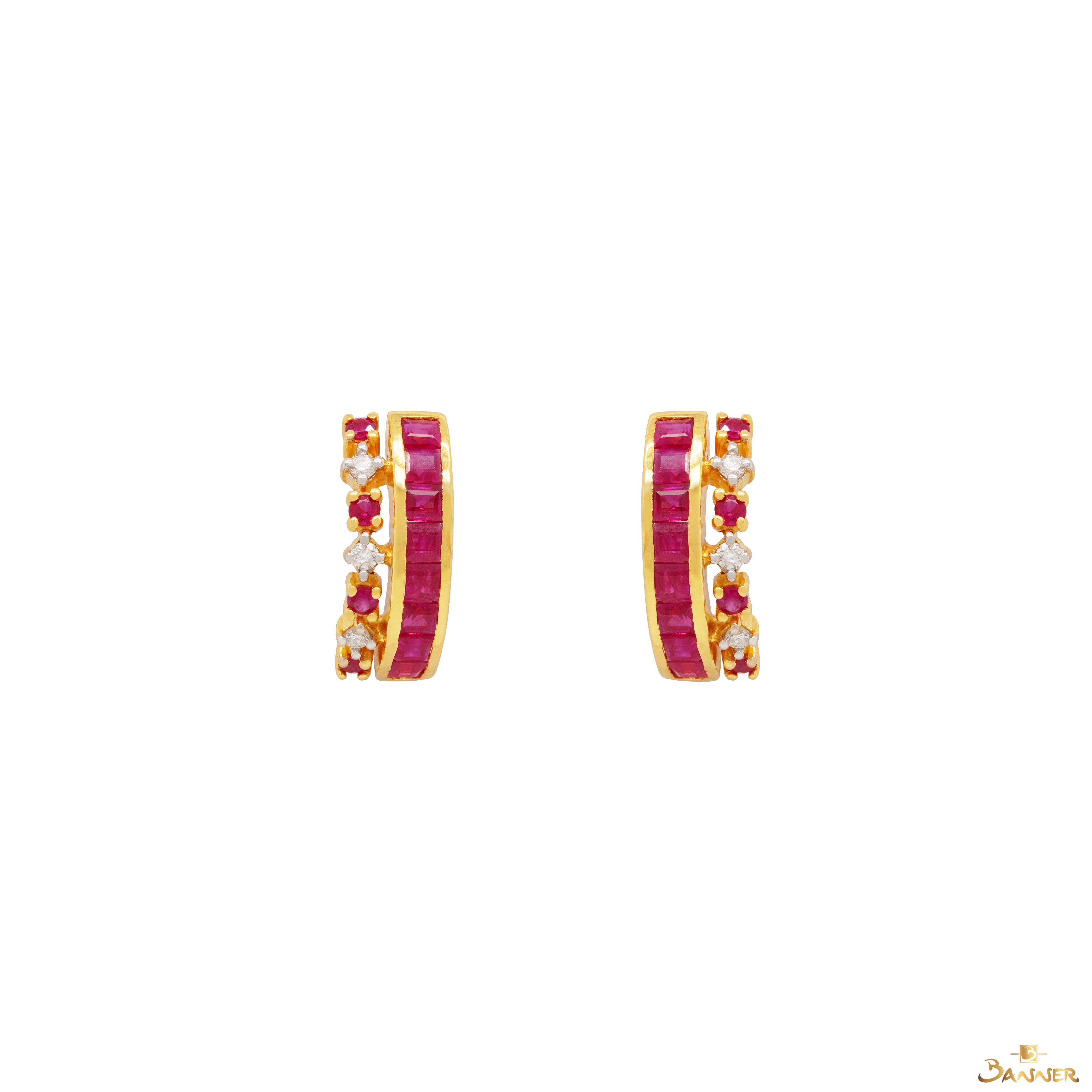 Emerald-cut Ruby and Diamond Crown Earrings