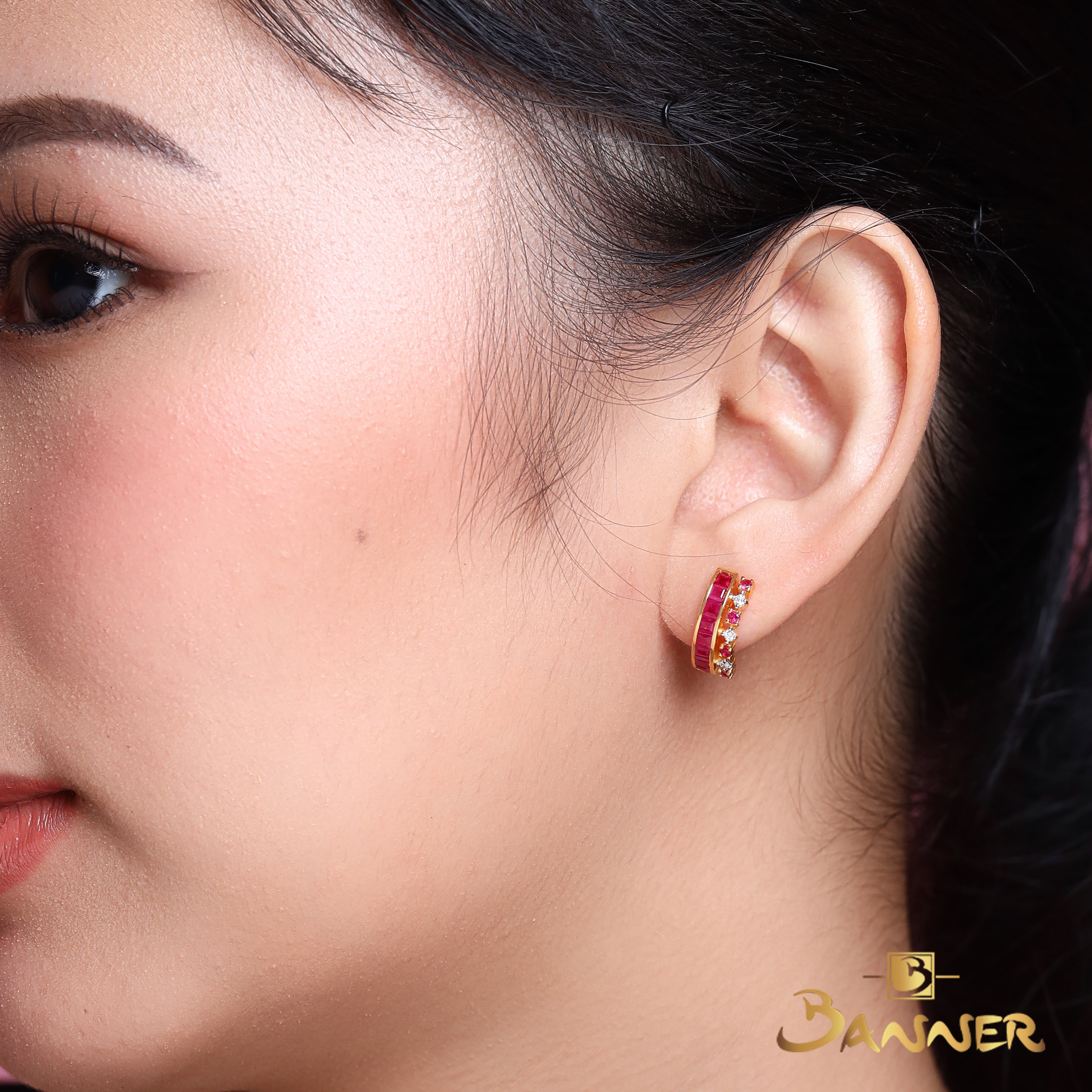 Emerald-cut Ruby and Diamond Crown Earrings