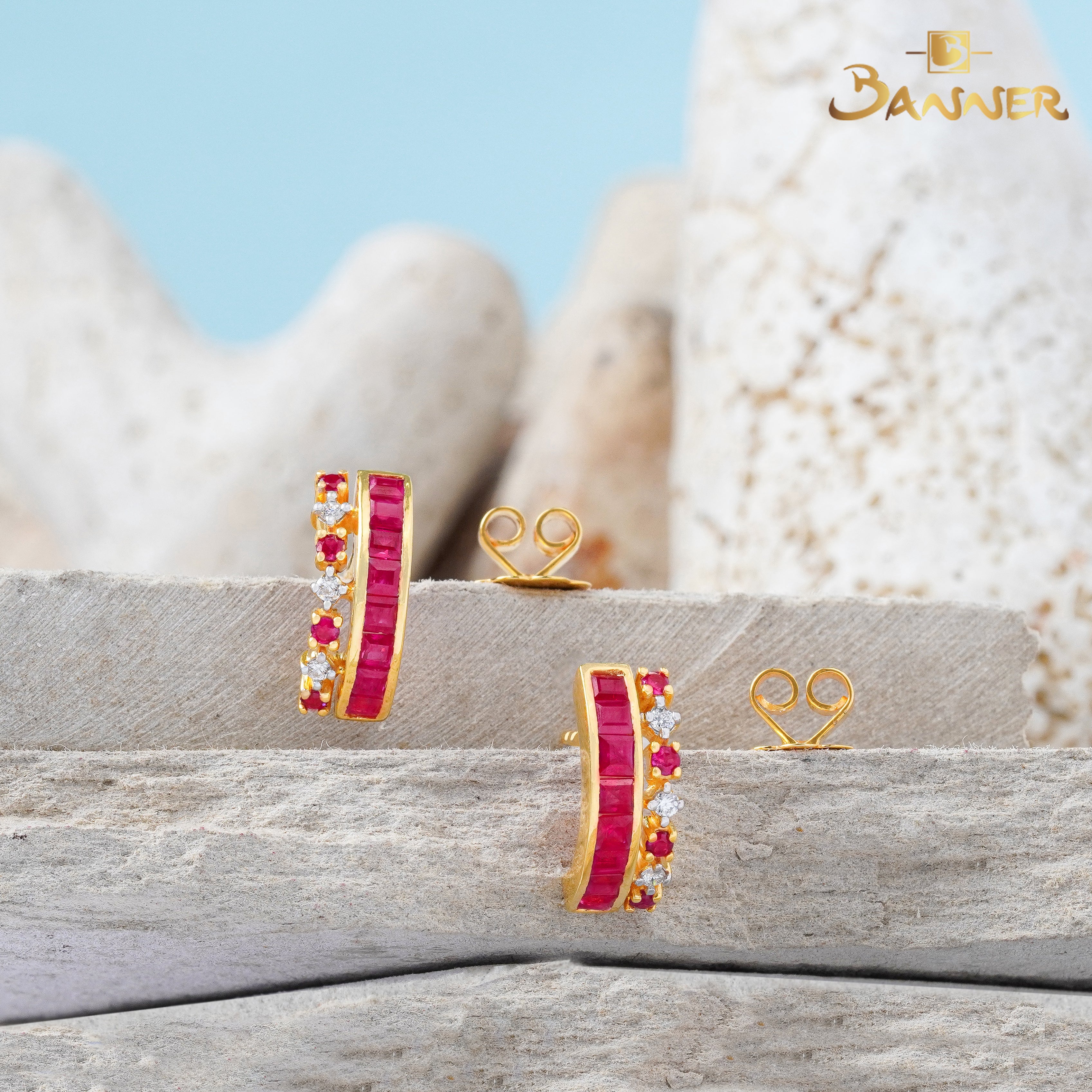 Emerald-cut Ruby and Diamond Crown Earrings