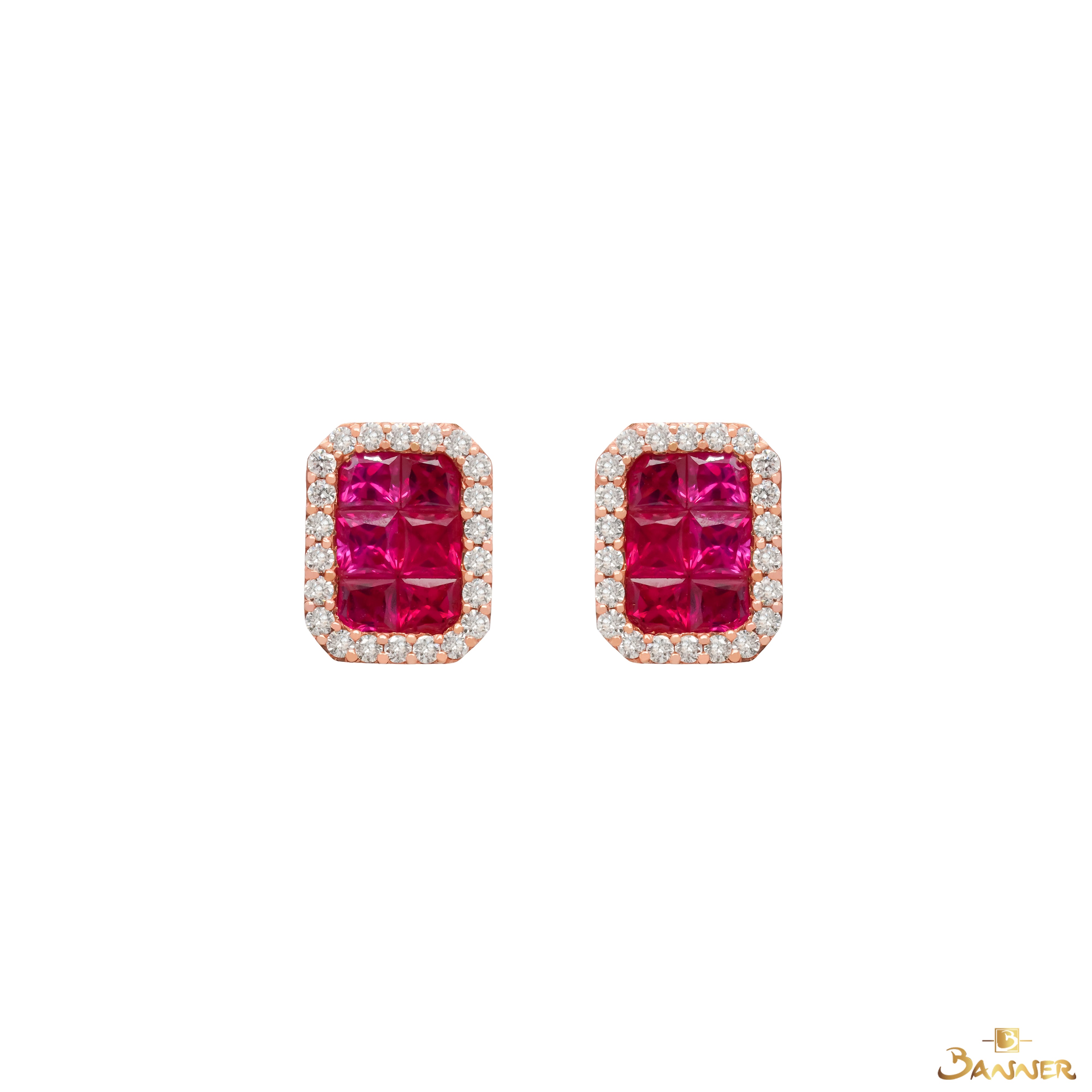 Ruby and Diamond Emerald-cut Halo Earrings