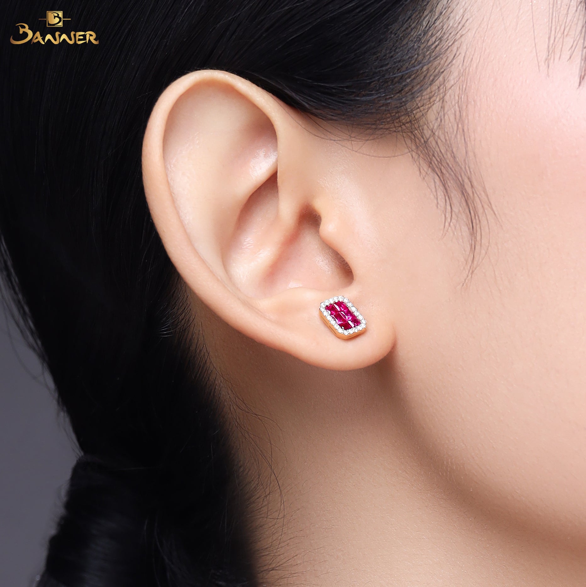 Ruby and Diamond Emerald-cut Halo Earrings
