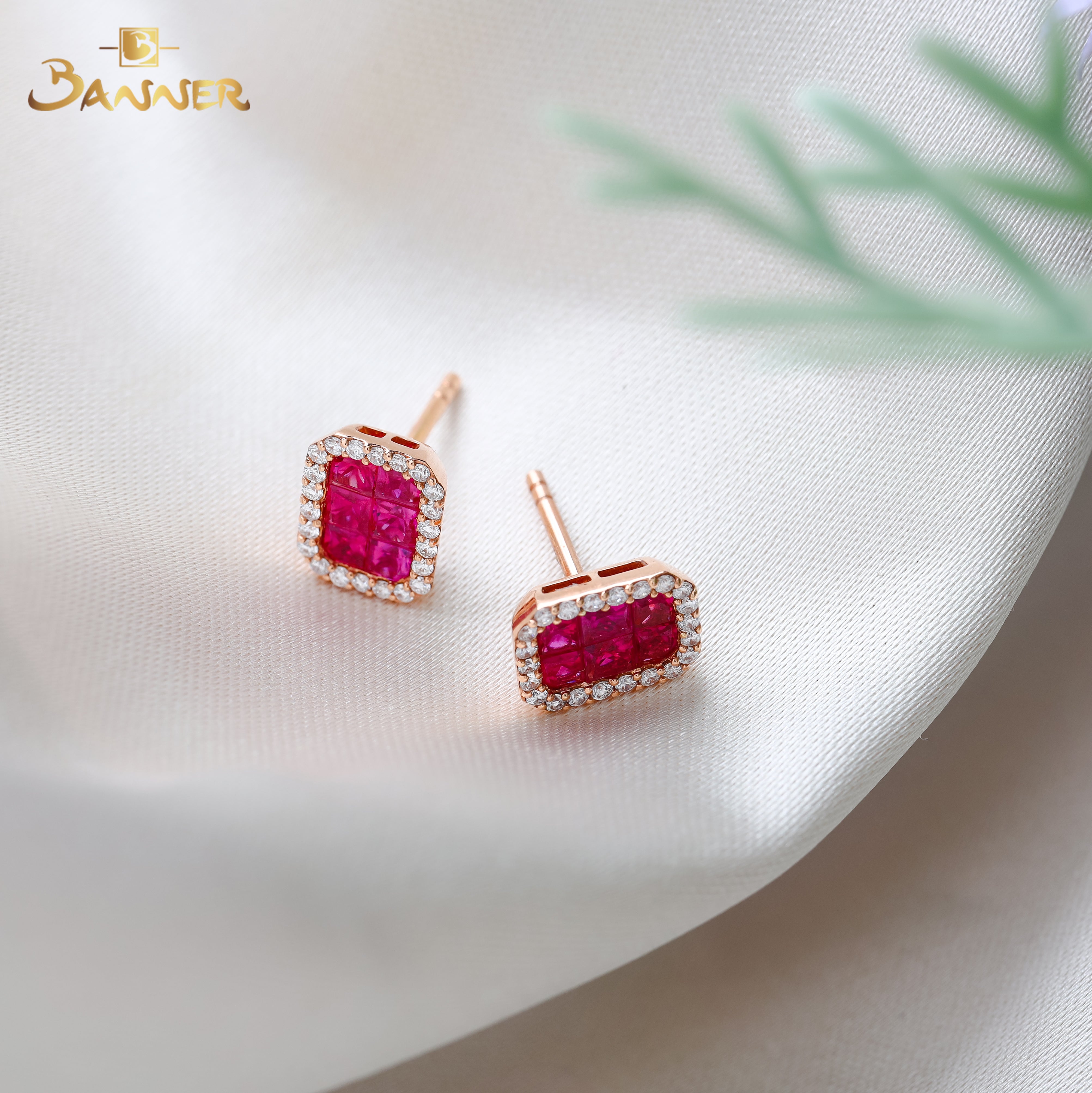 Ruby and Diamond Emerald-cut Halo Earrings