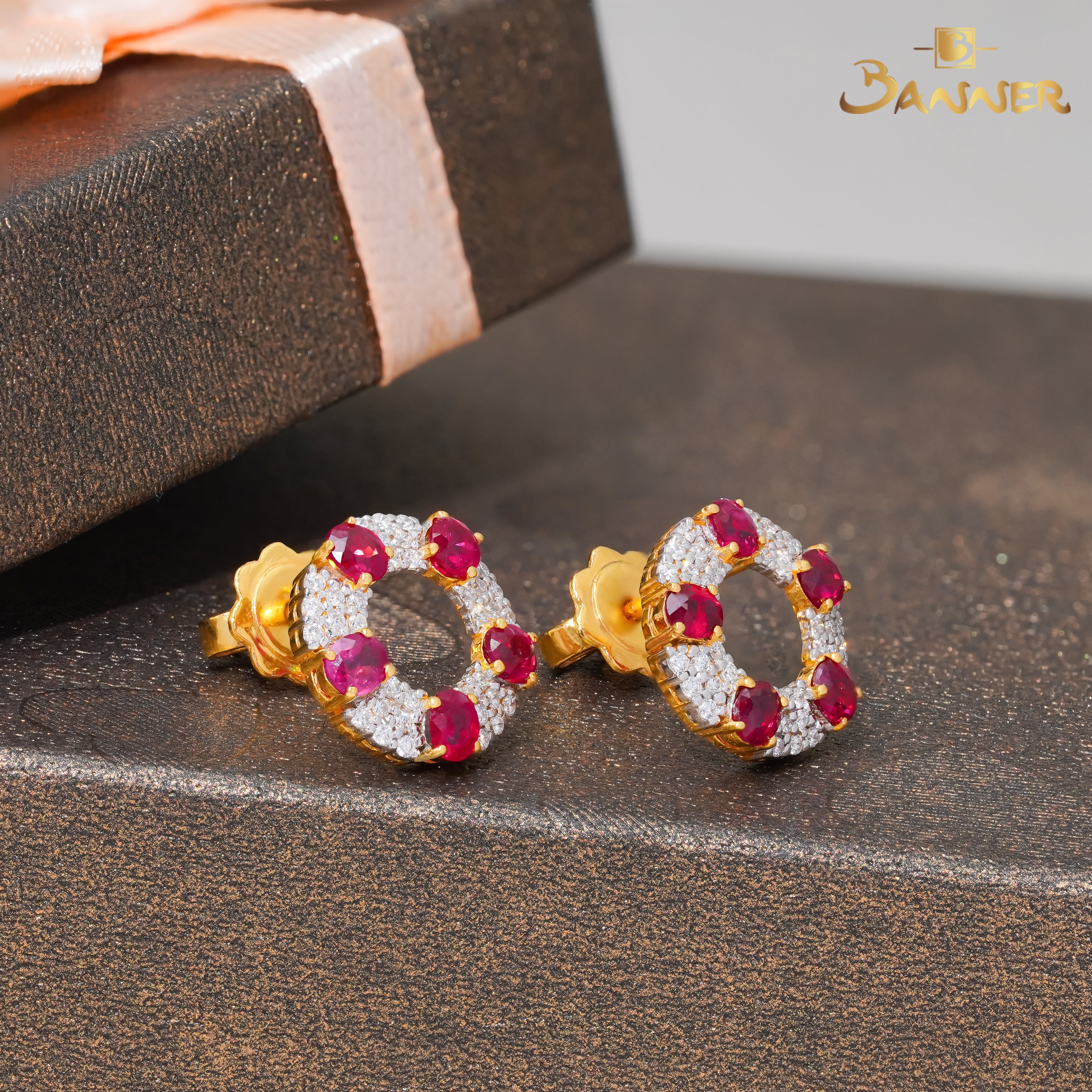 Ruby and Diamond Circle Earrings