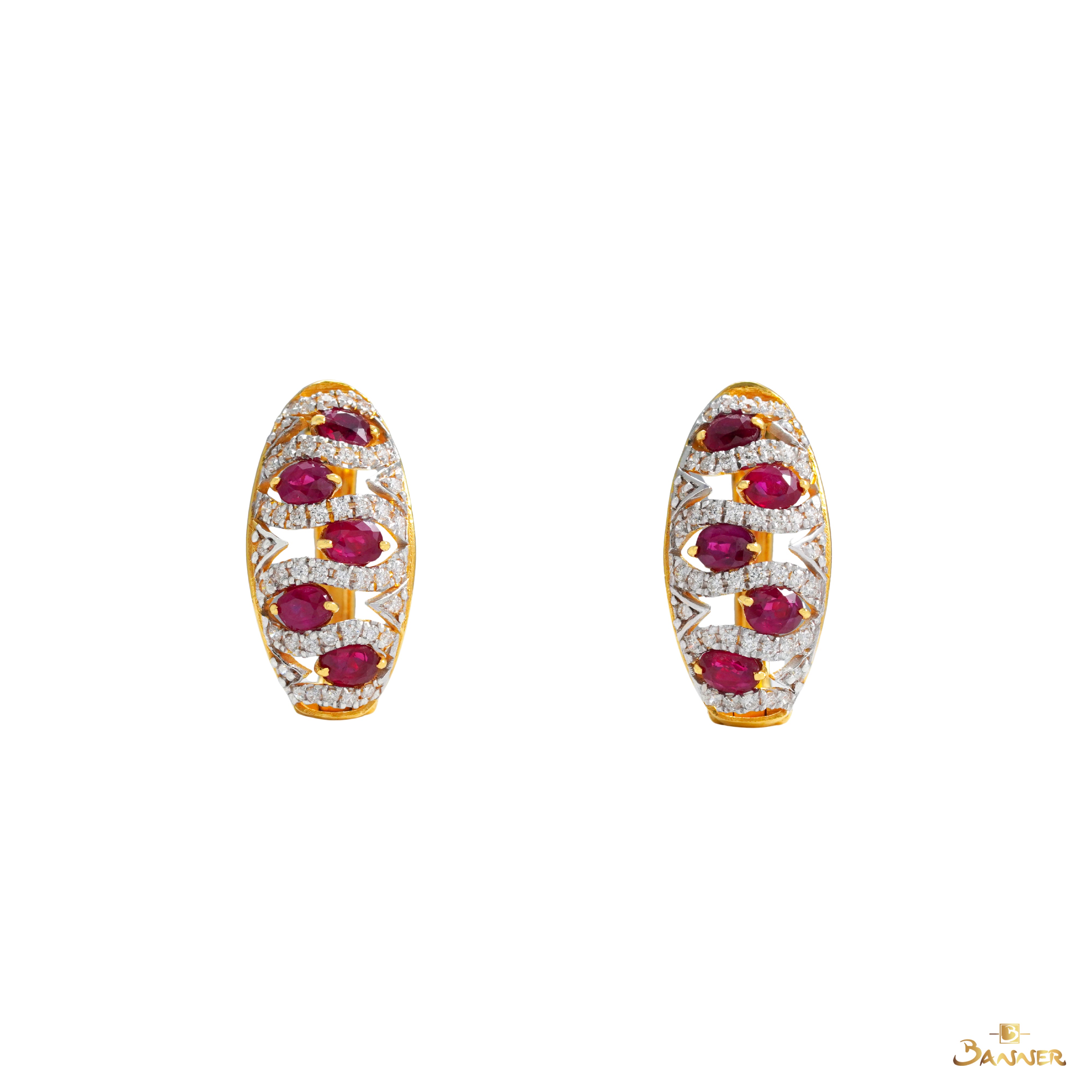 Ruby and Diamond Ripple Huggie Earrings