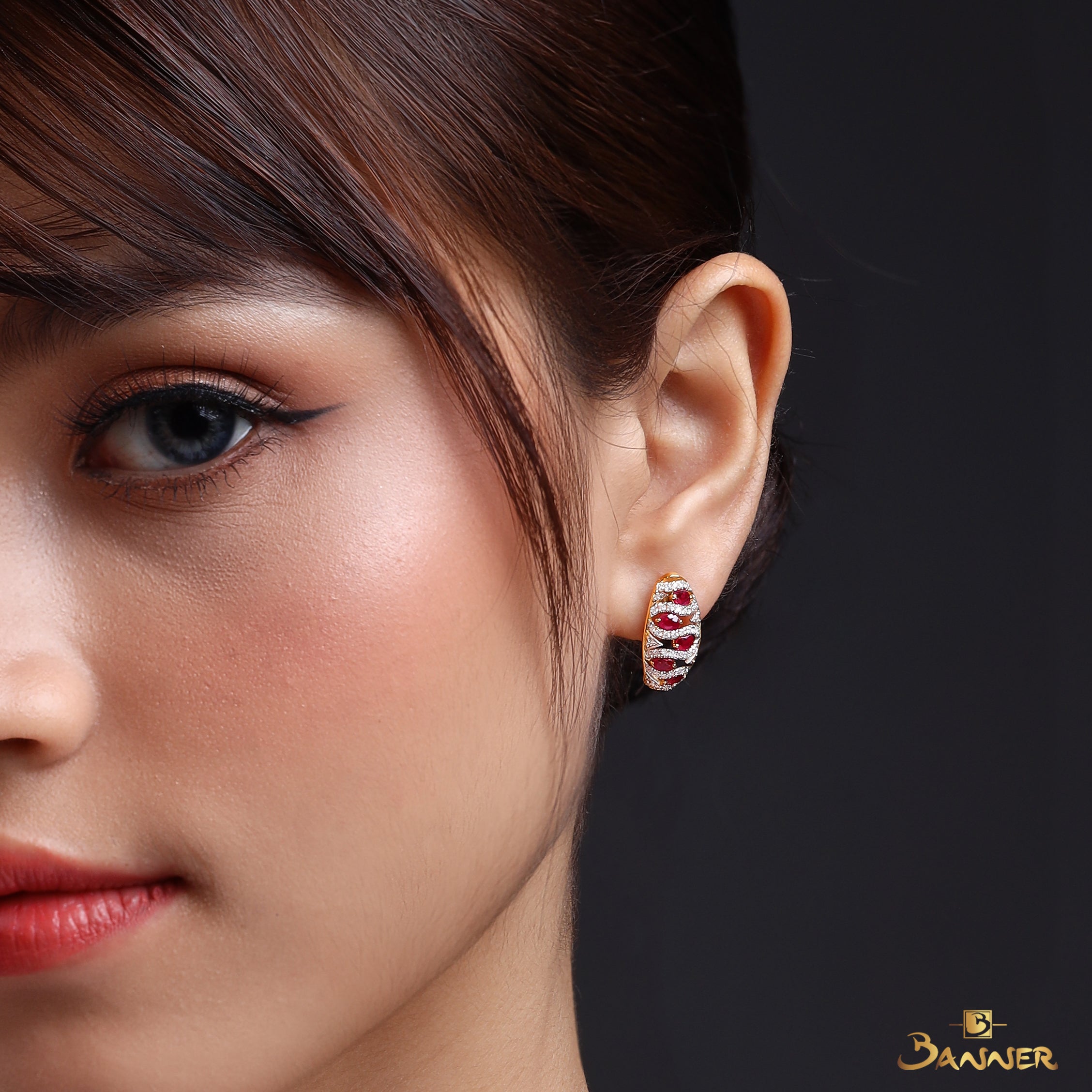 Ruby and Diamond Ripple Huggie Earrings