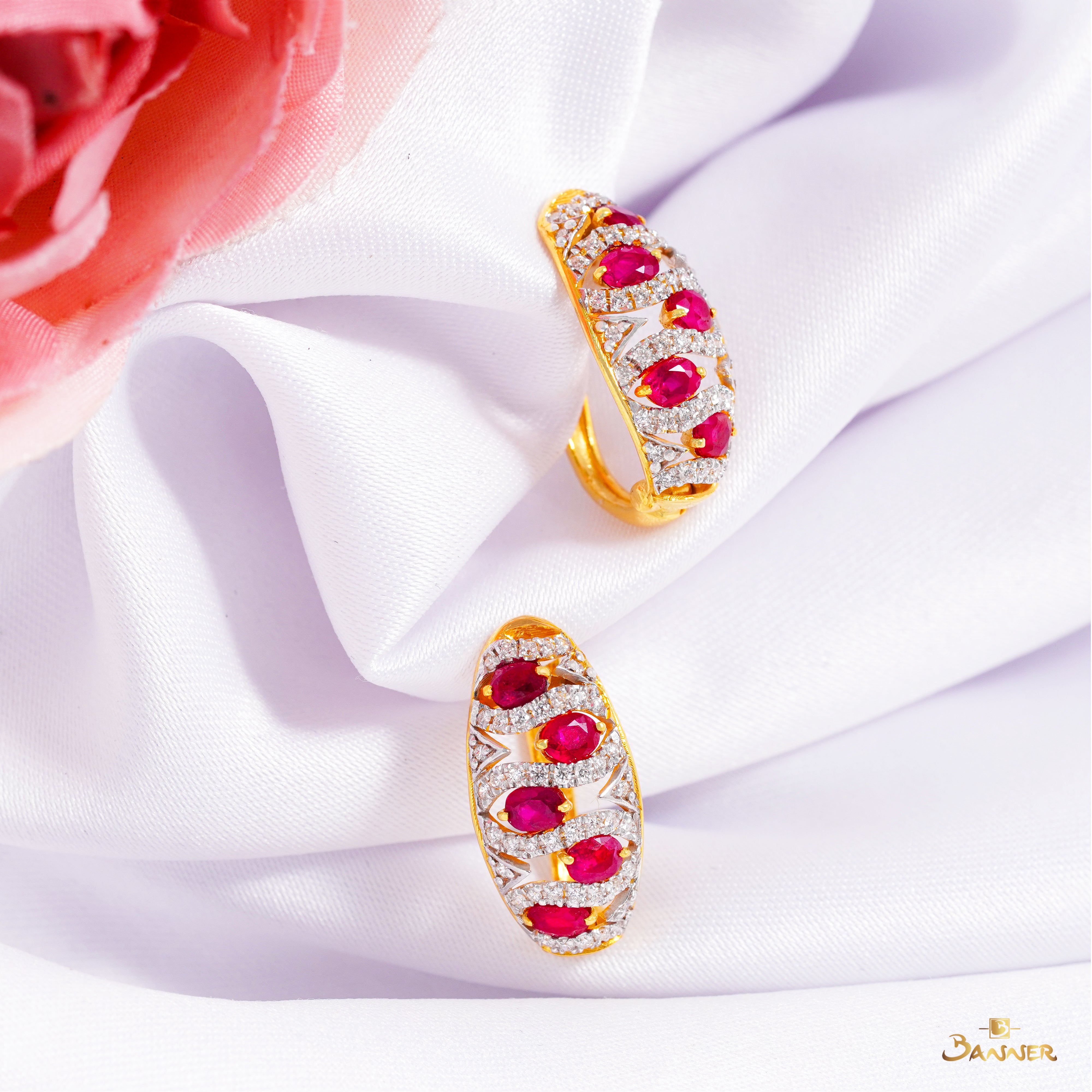 Ruby and Diamond Ripple Huggie Earrings