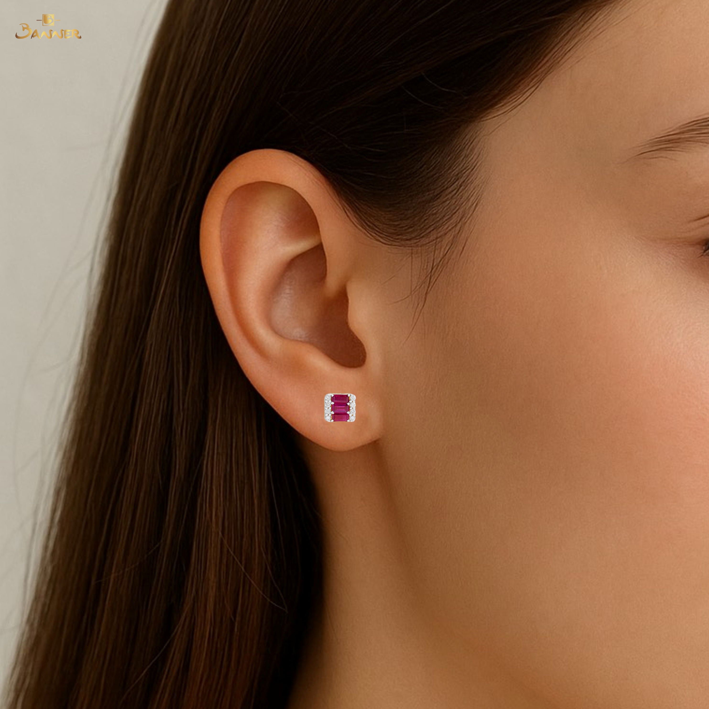 Ruby Emerald-cut and Diamond Earrings