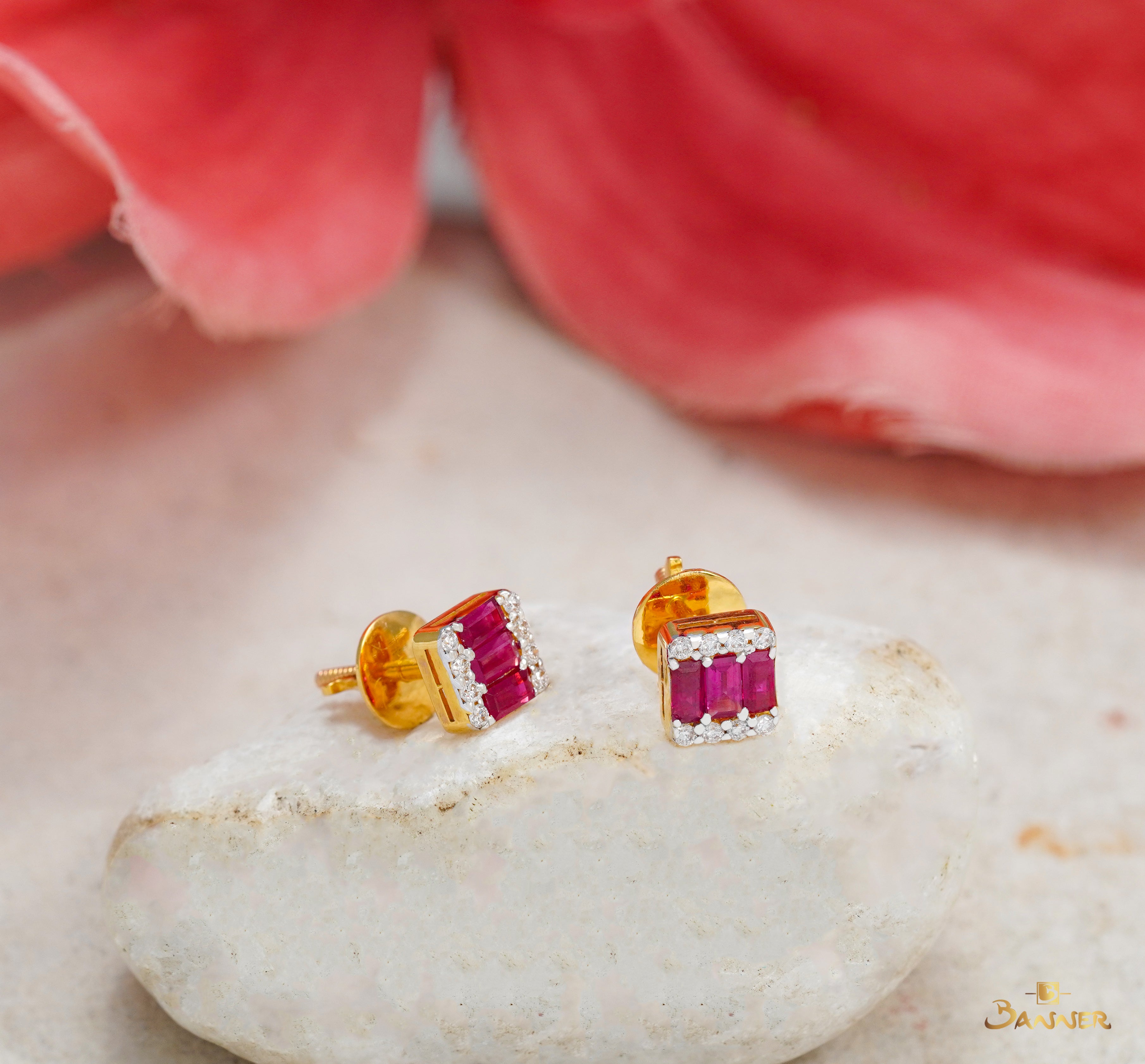 Ruby Emerald-cut and Diamond Earrings