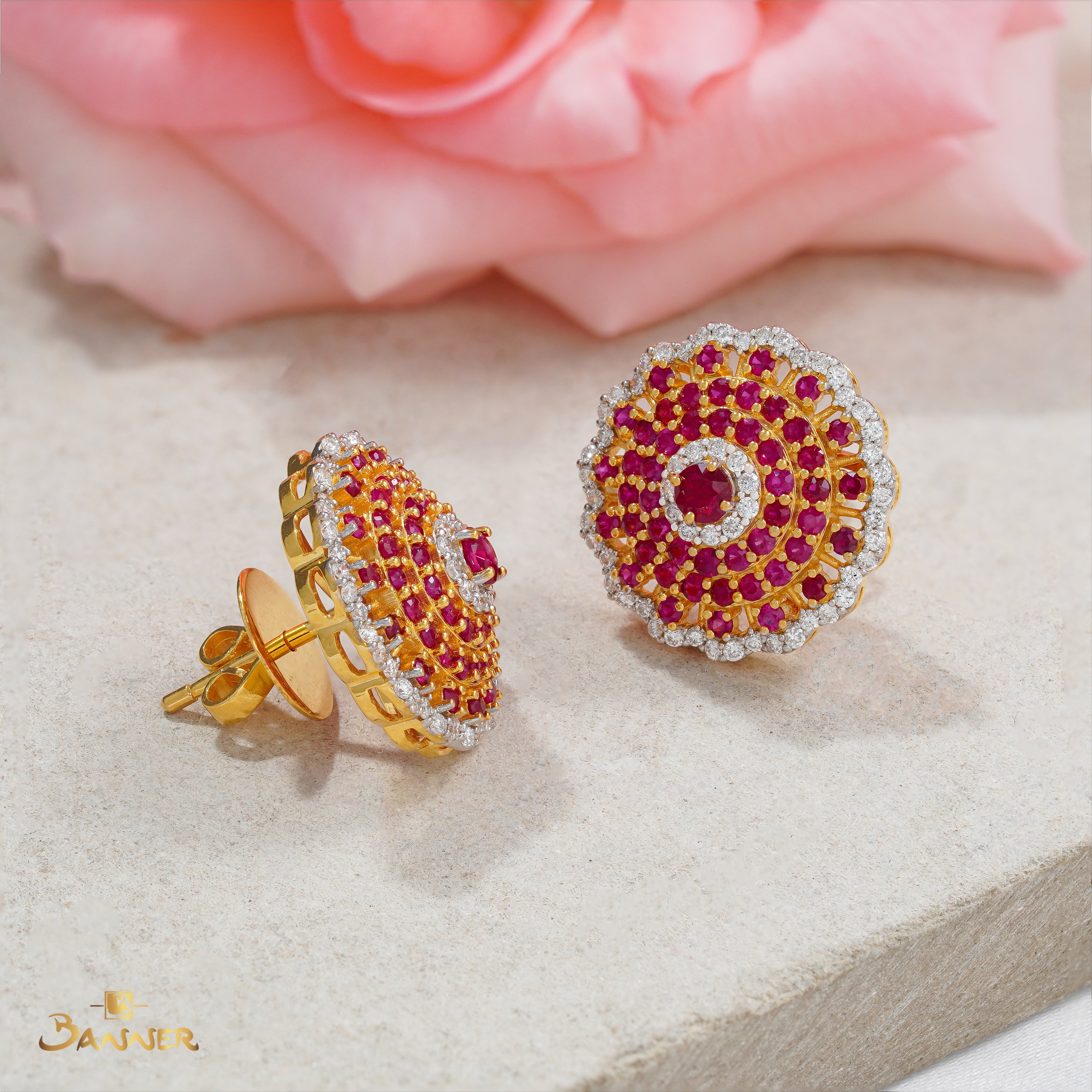 Ruby and Diamond Floral Earrings