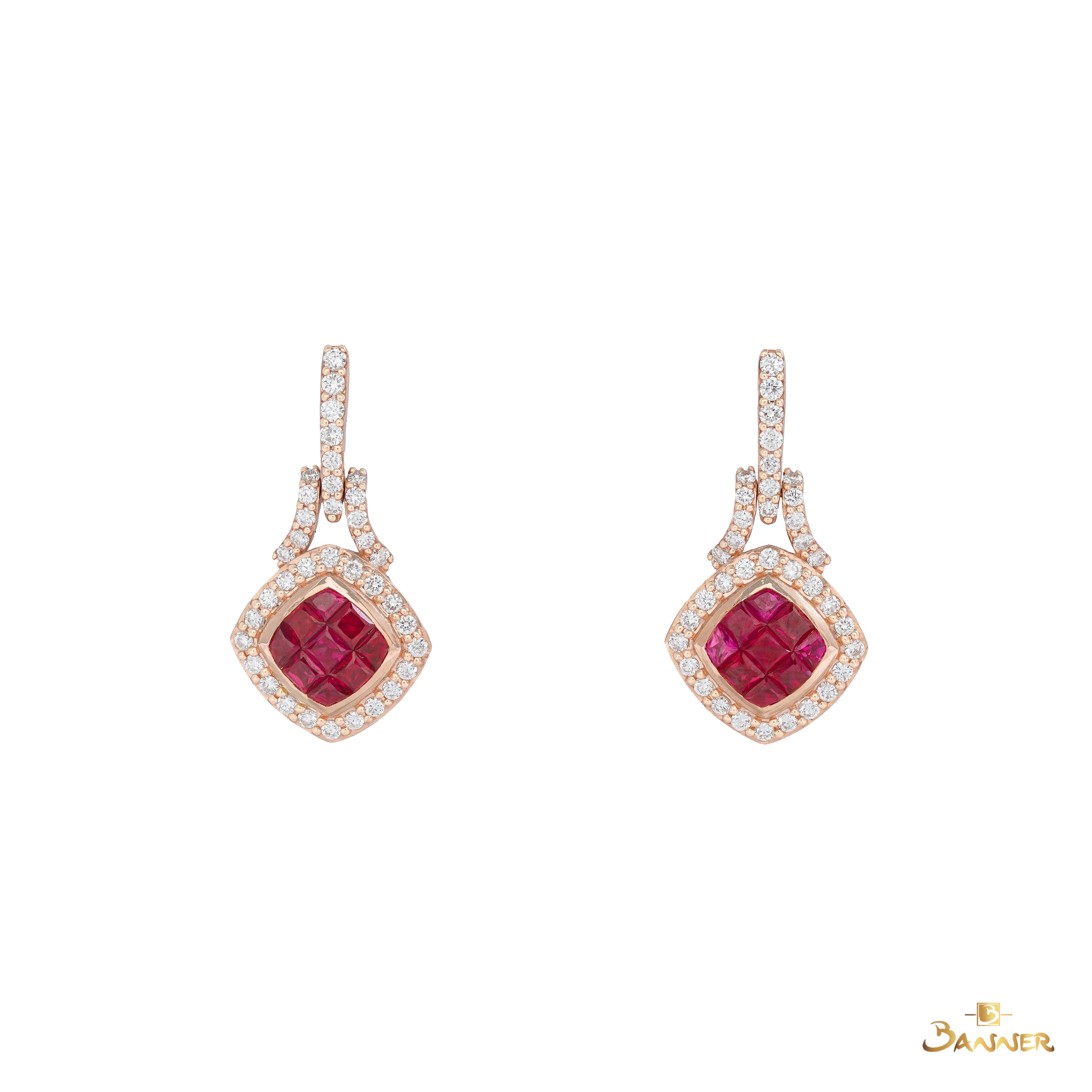 Ruby and Diamond Halo Dangle Earrings