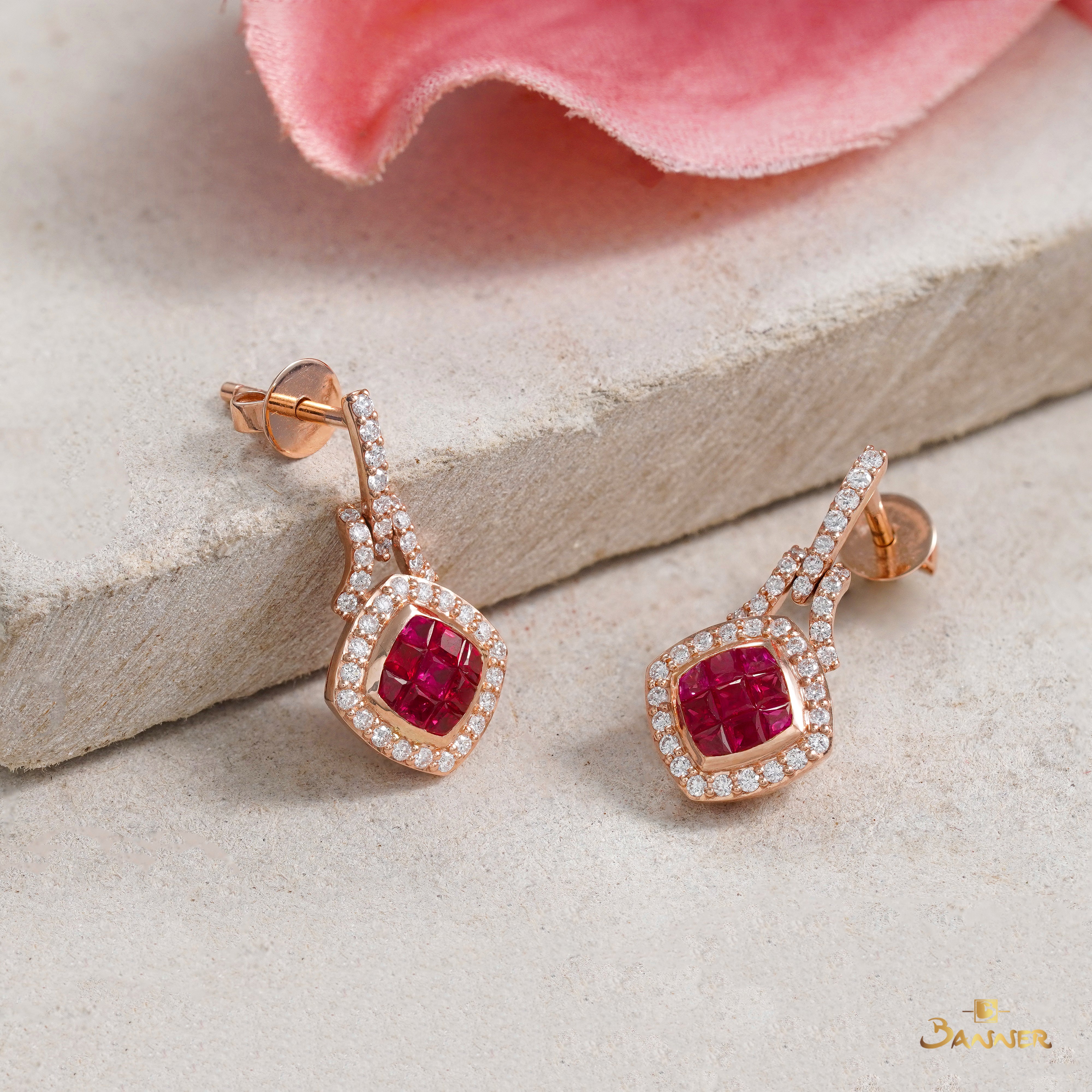 Ruby and Diamond Halo Dangle Earrings