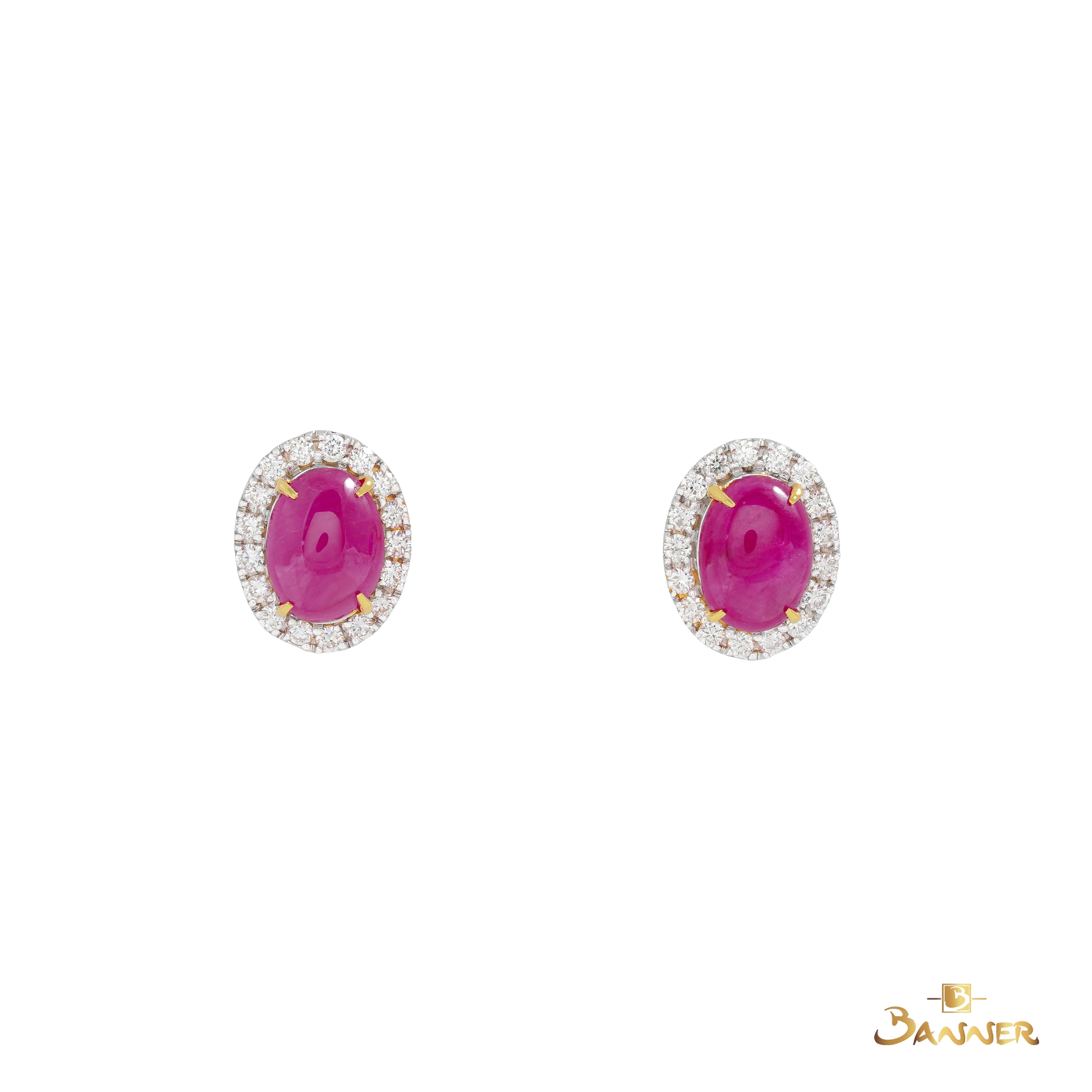 Ruby Cabochon and Diamond Halo Earrings