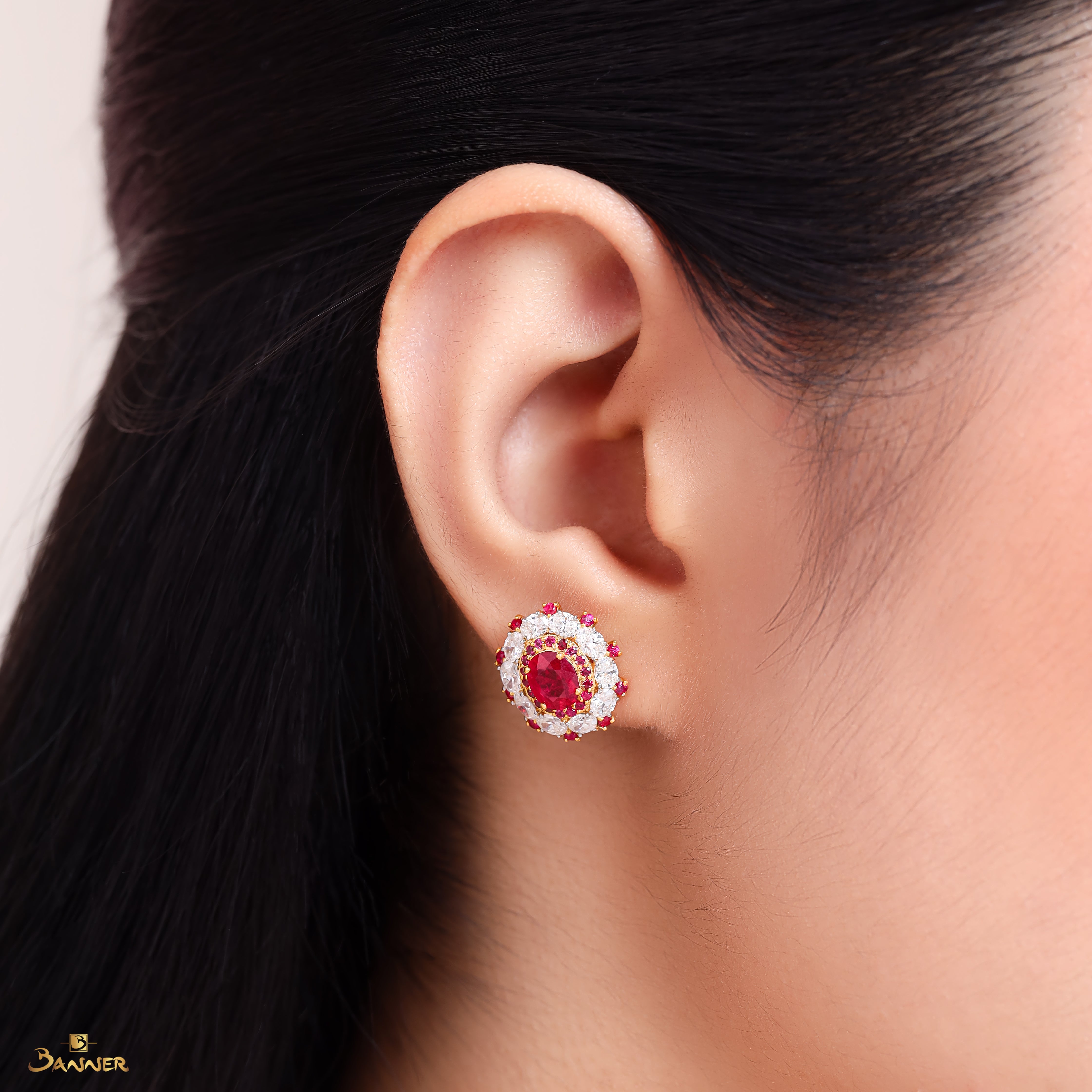 Ruby and Oval Diamond Halo Earrings
