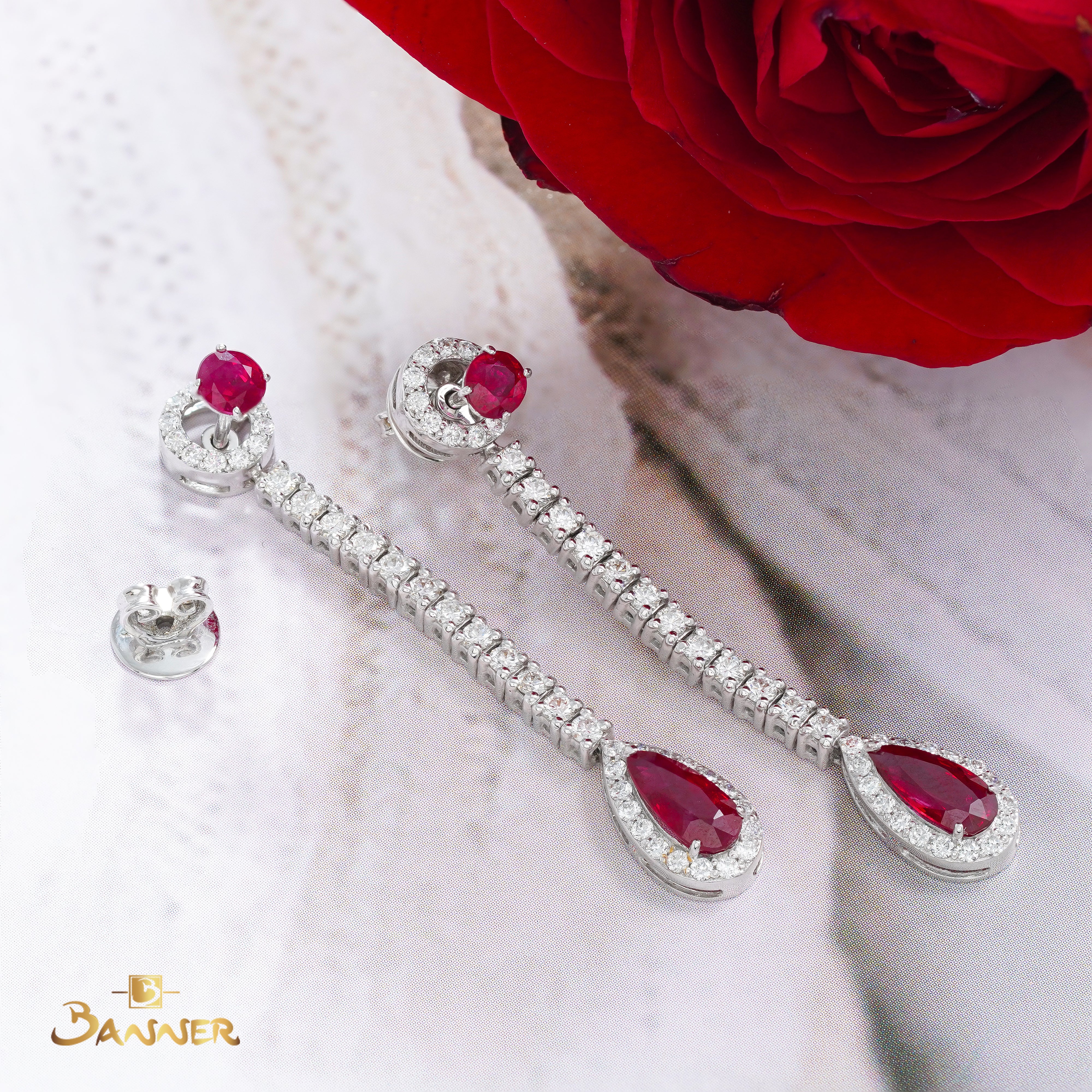 Ruby and Diamond Rain-drop Halo 3-ways Earrings