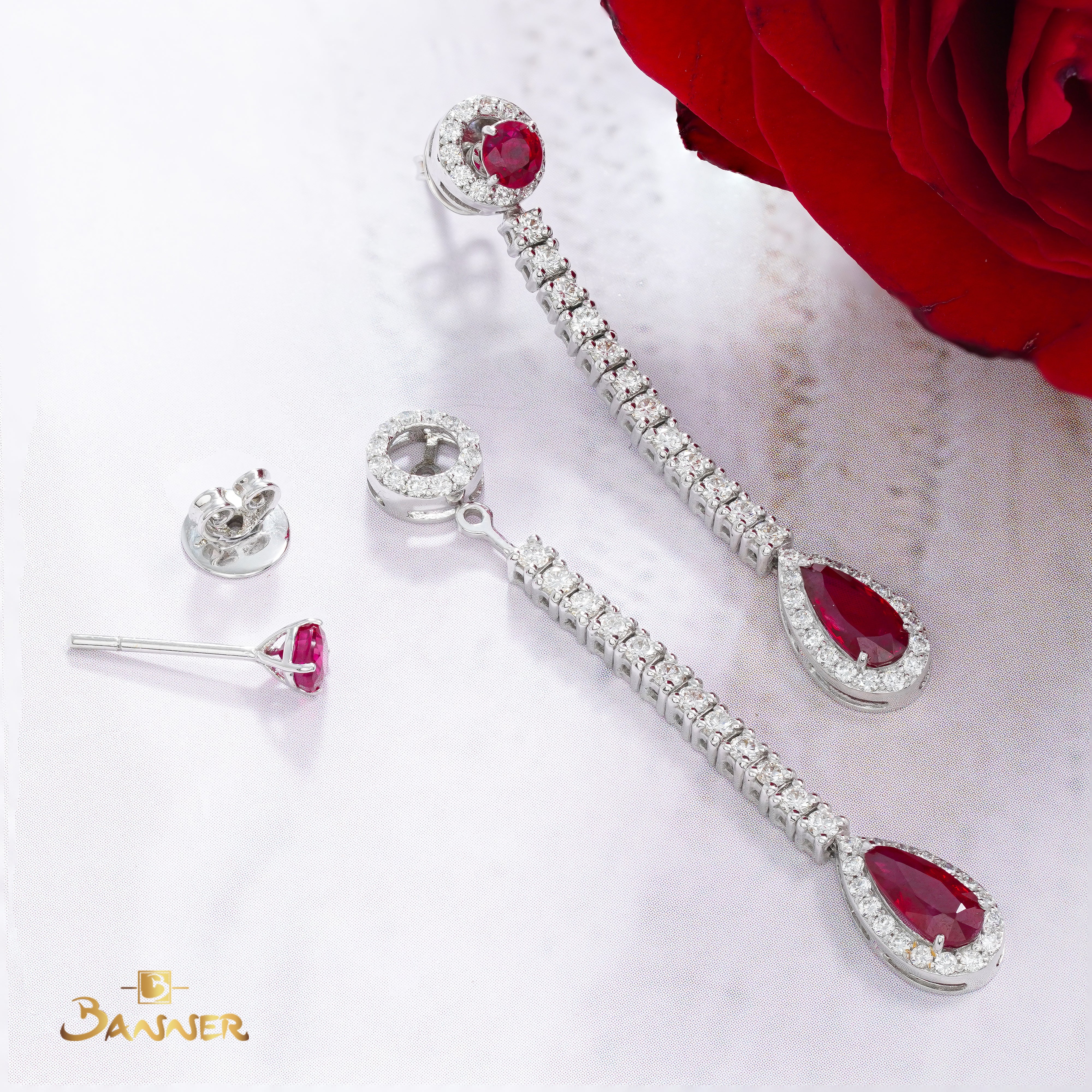 Ruby and Diamond Rain-drop Halo 3-ways Earrings