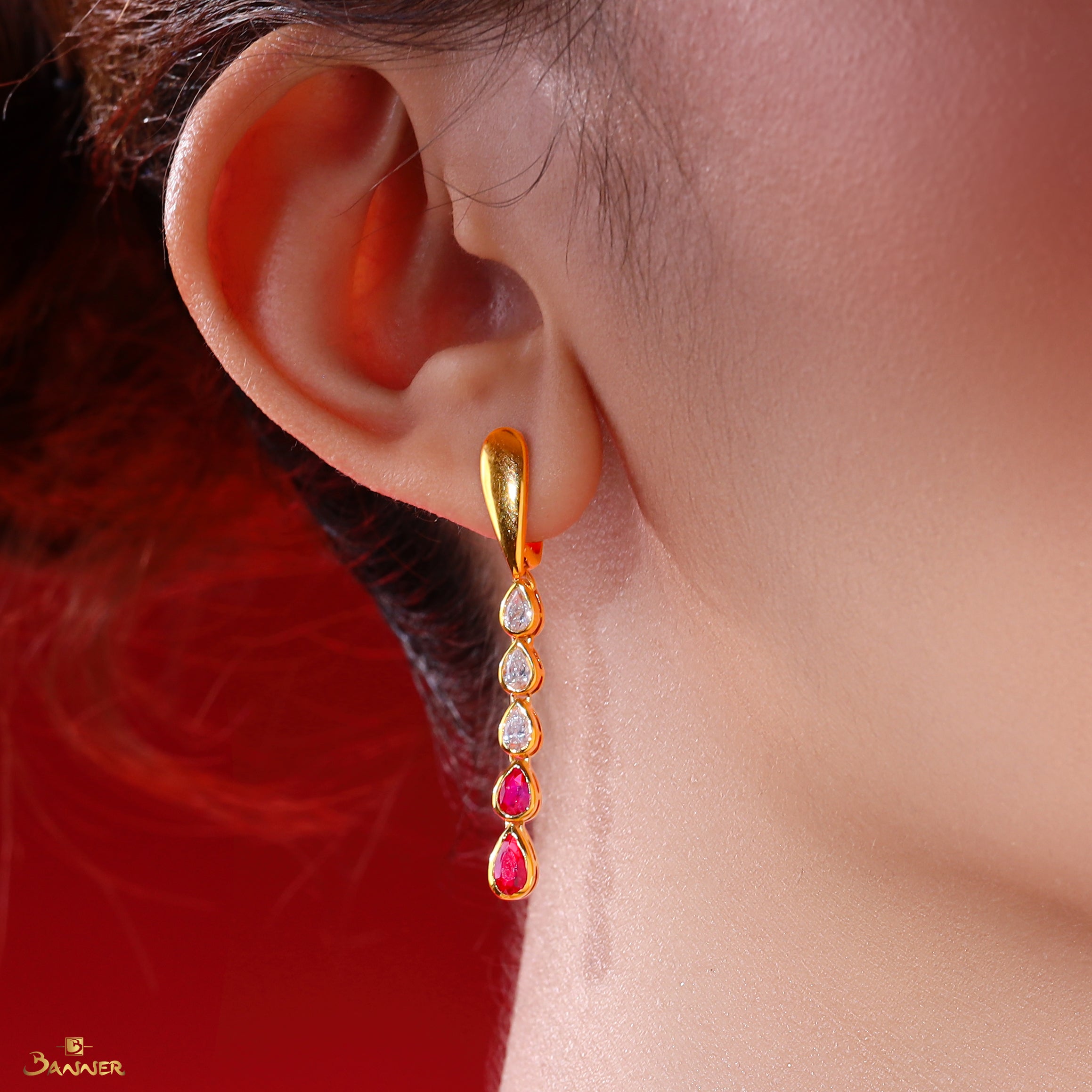 Ruby and Diamond Pear Bezel Earrings