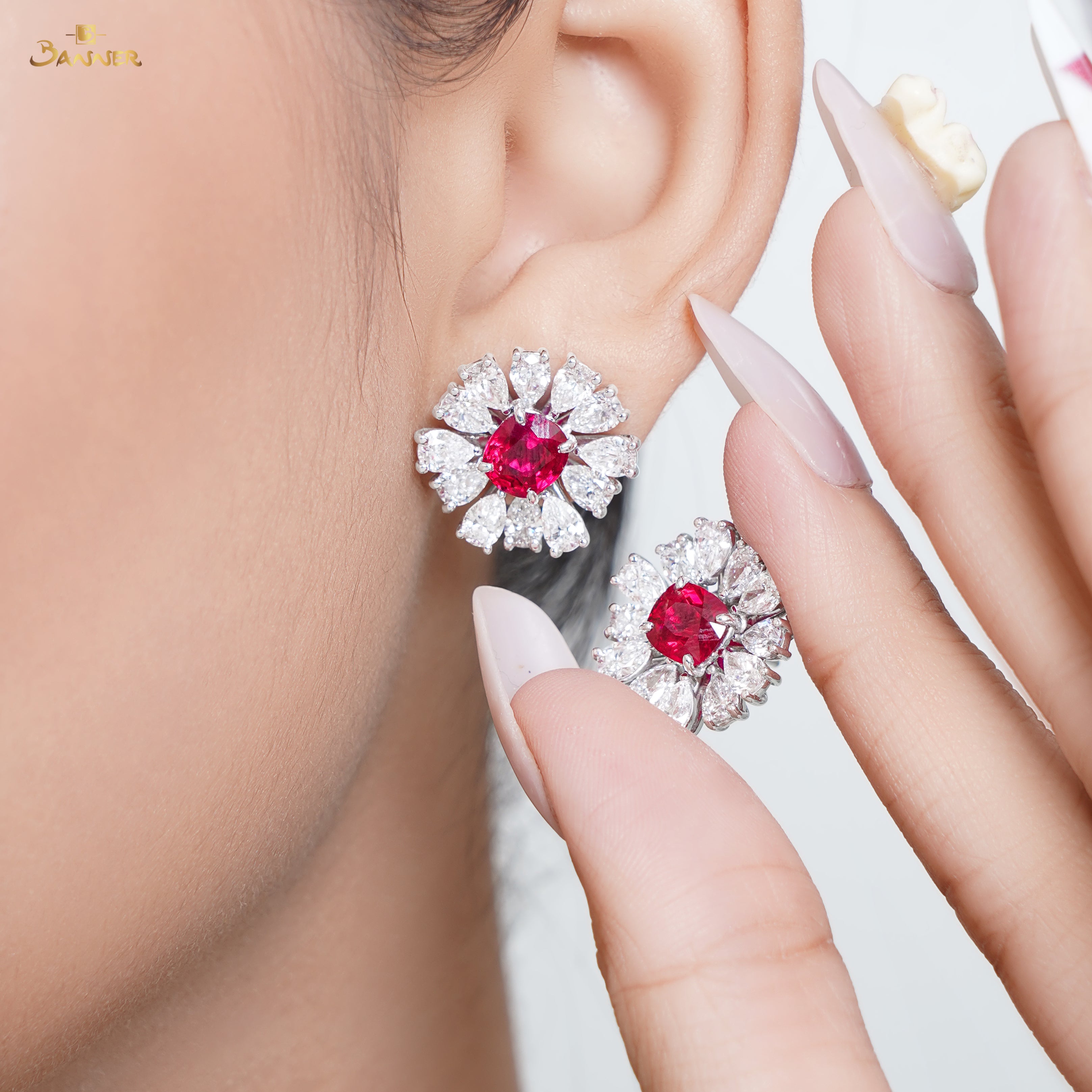Ruby and Pear-shaped Diamond Halo Earrings