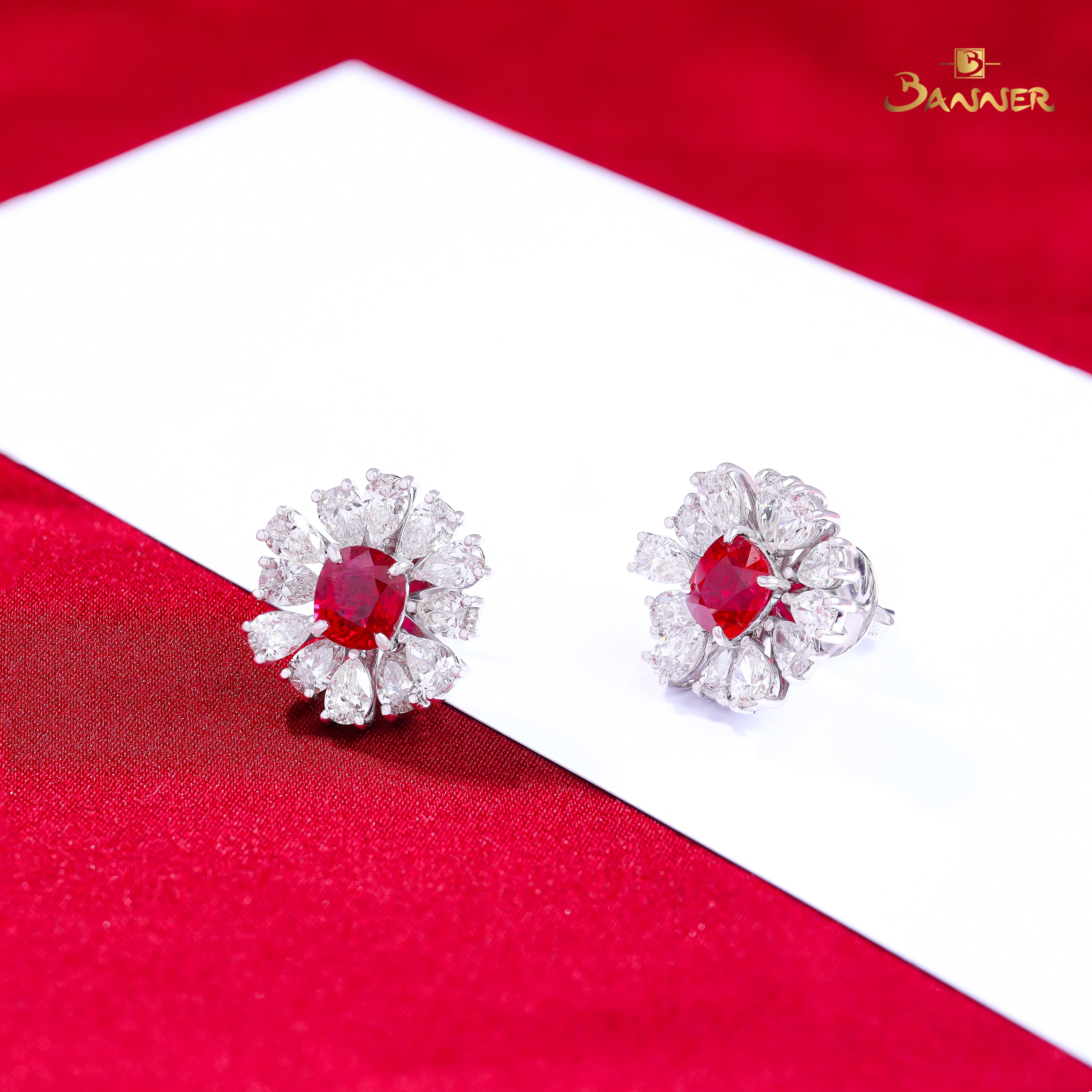 Ruby and Pear-shaped Diamond Halo Earrings