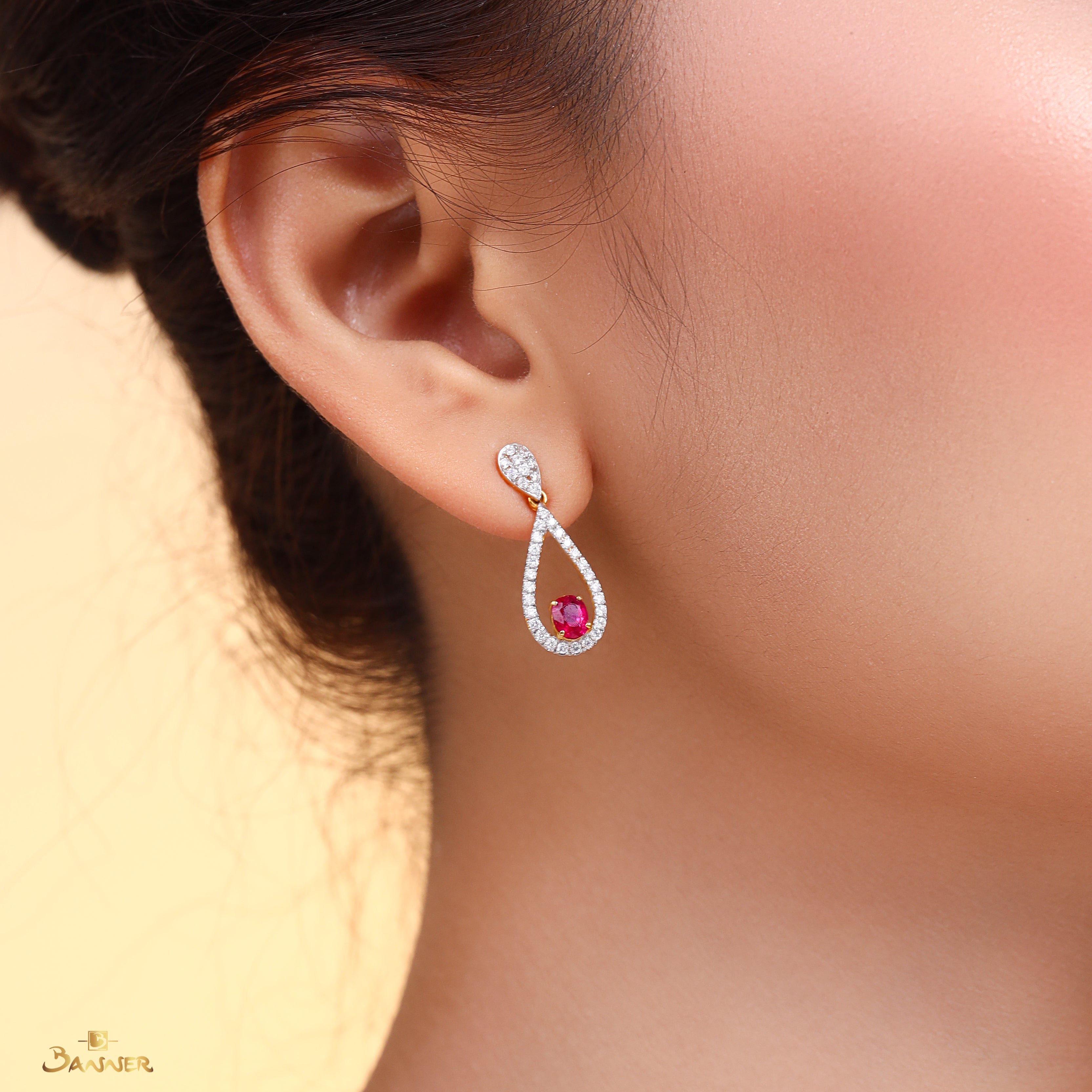 Ruby and Diamond Rain Drop Dangle Earrings