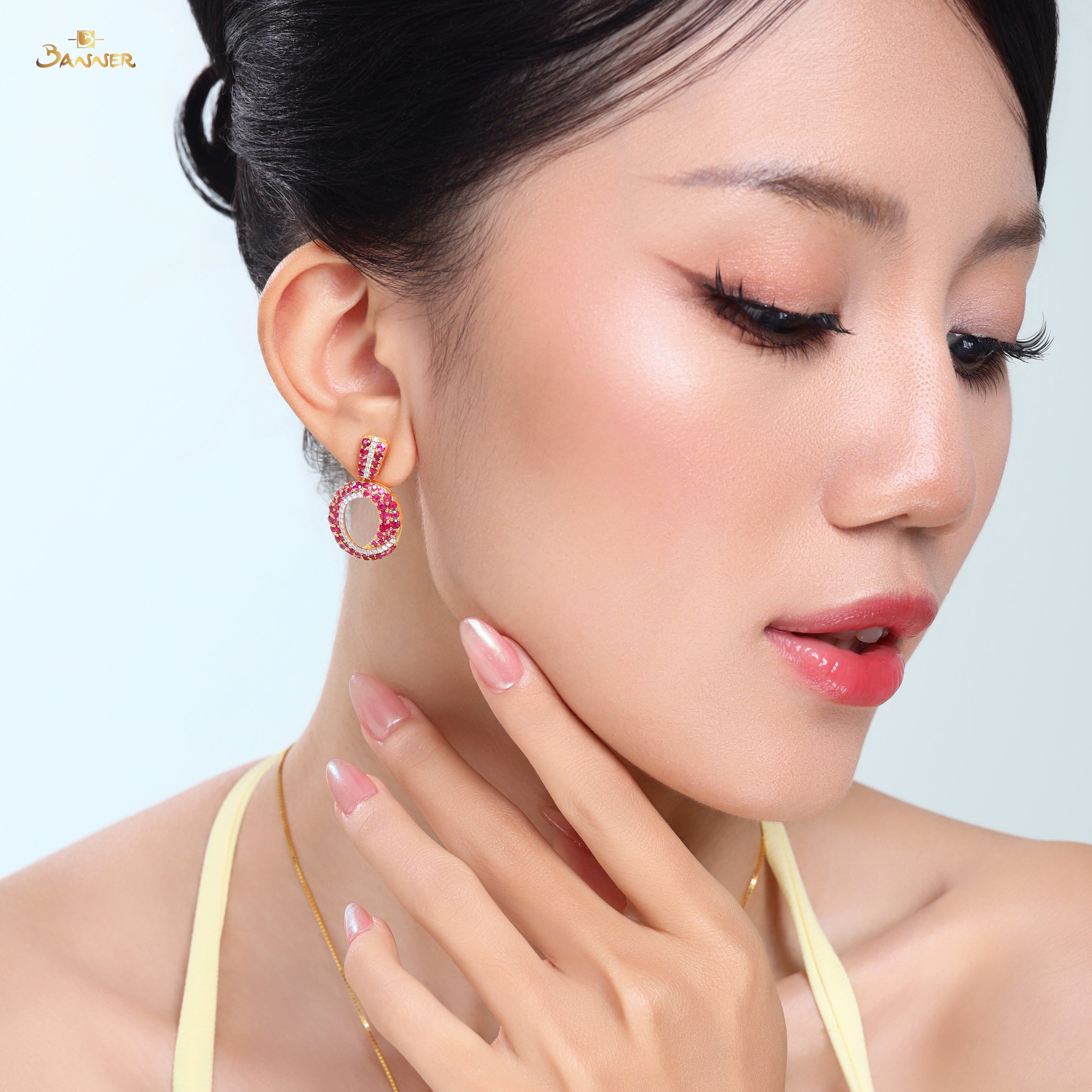 Ruby and Diamond Wave Circle Earrings