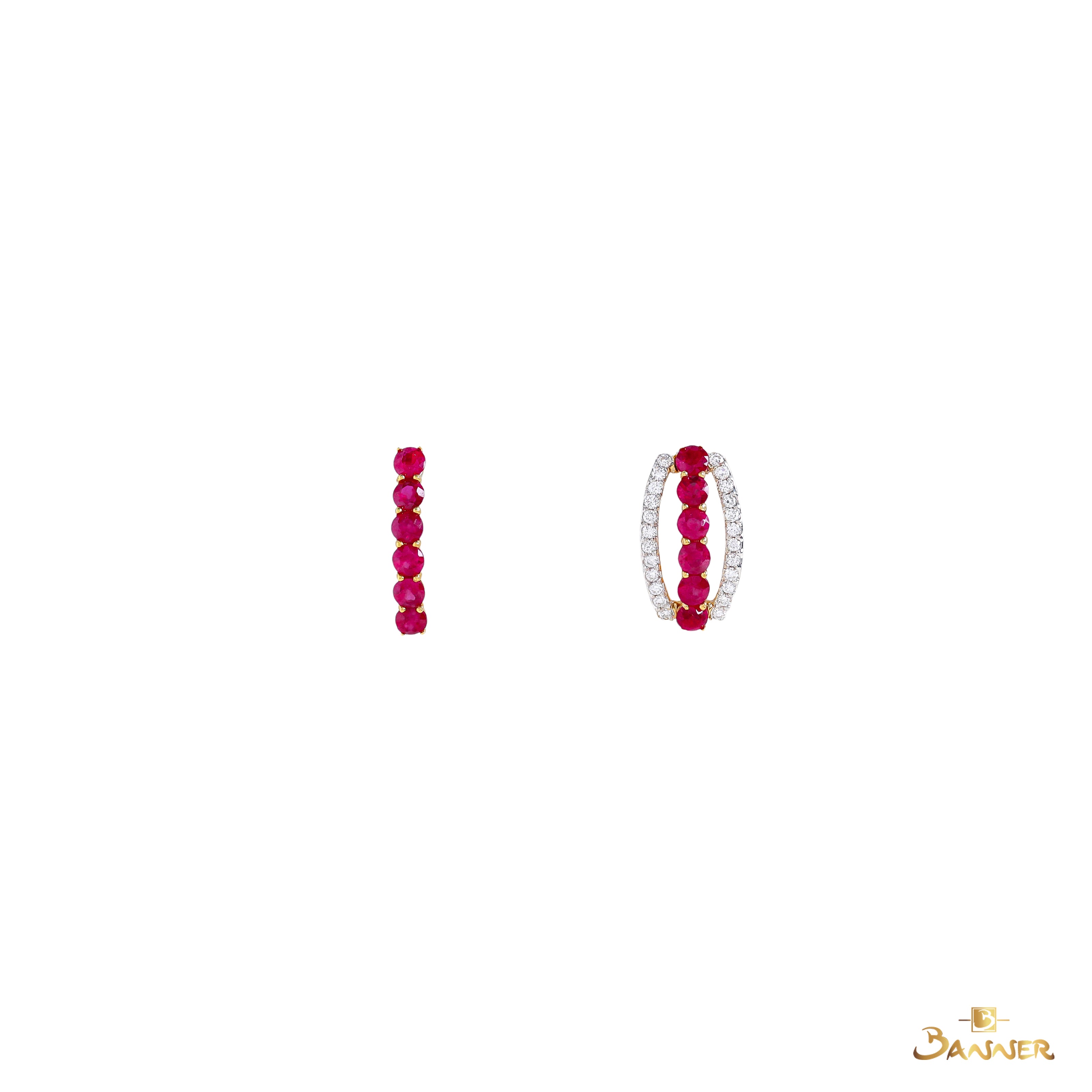 Ruby and Diamond 3 Rows Huggie Earrings