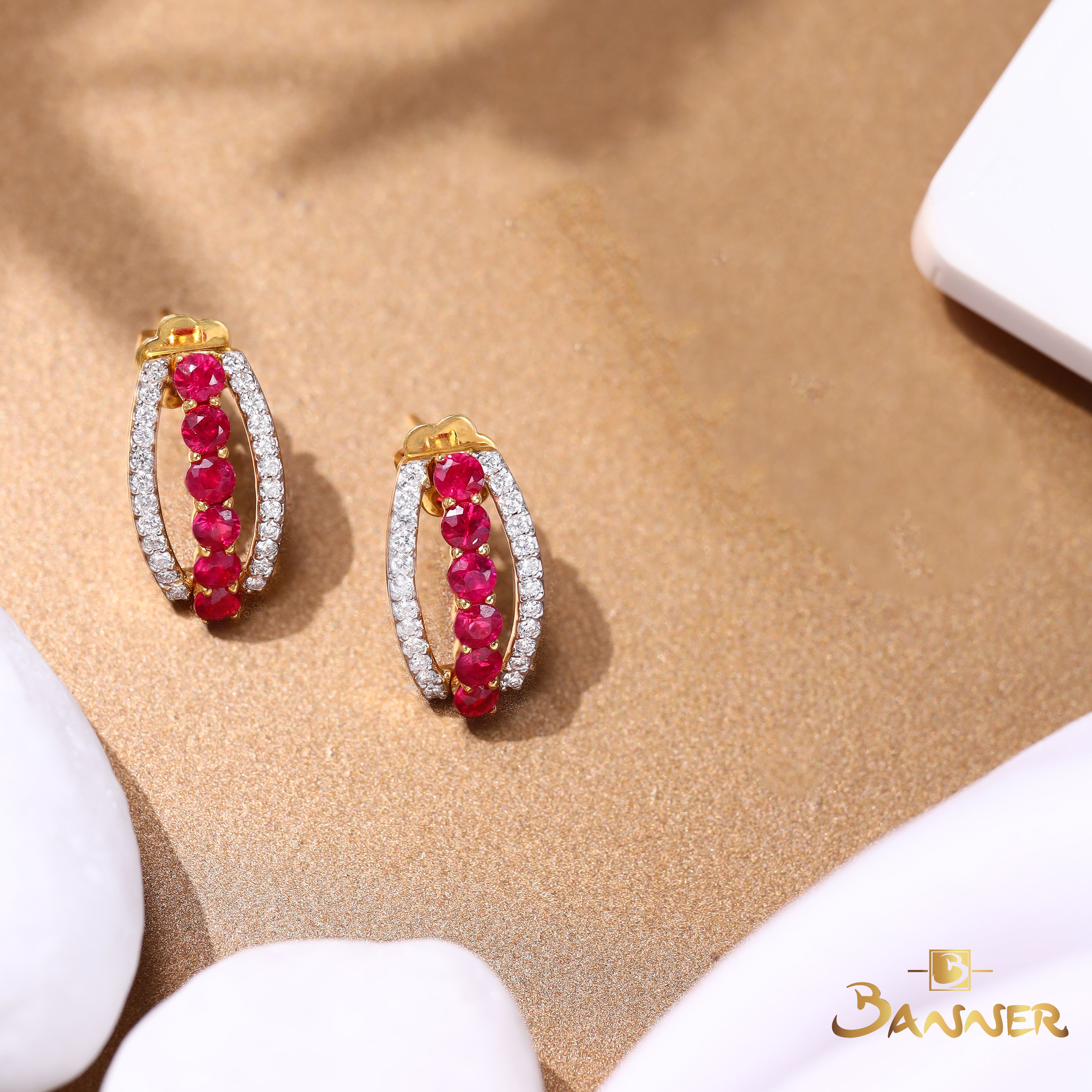 Ruby and Diamond 3 Rows Huggie Earrings