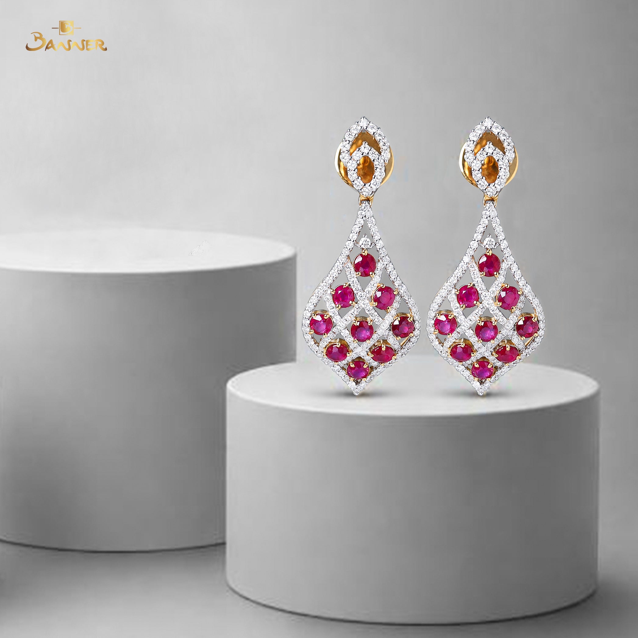 Ruby and Diamond Teardrop Mesh Earrings