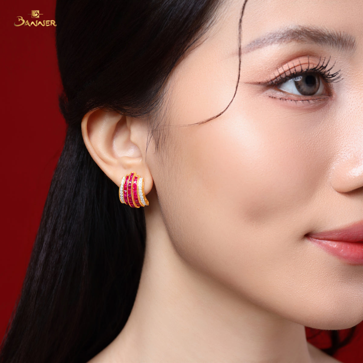 Emerald-cut Ruby and Diamond Scarlet Wave Earrings