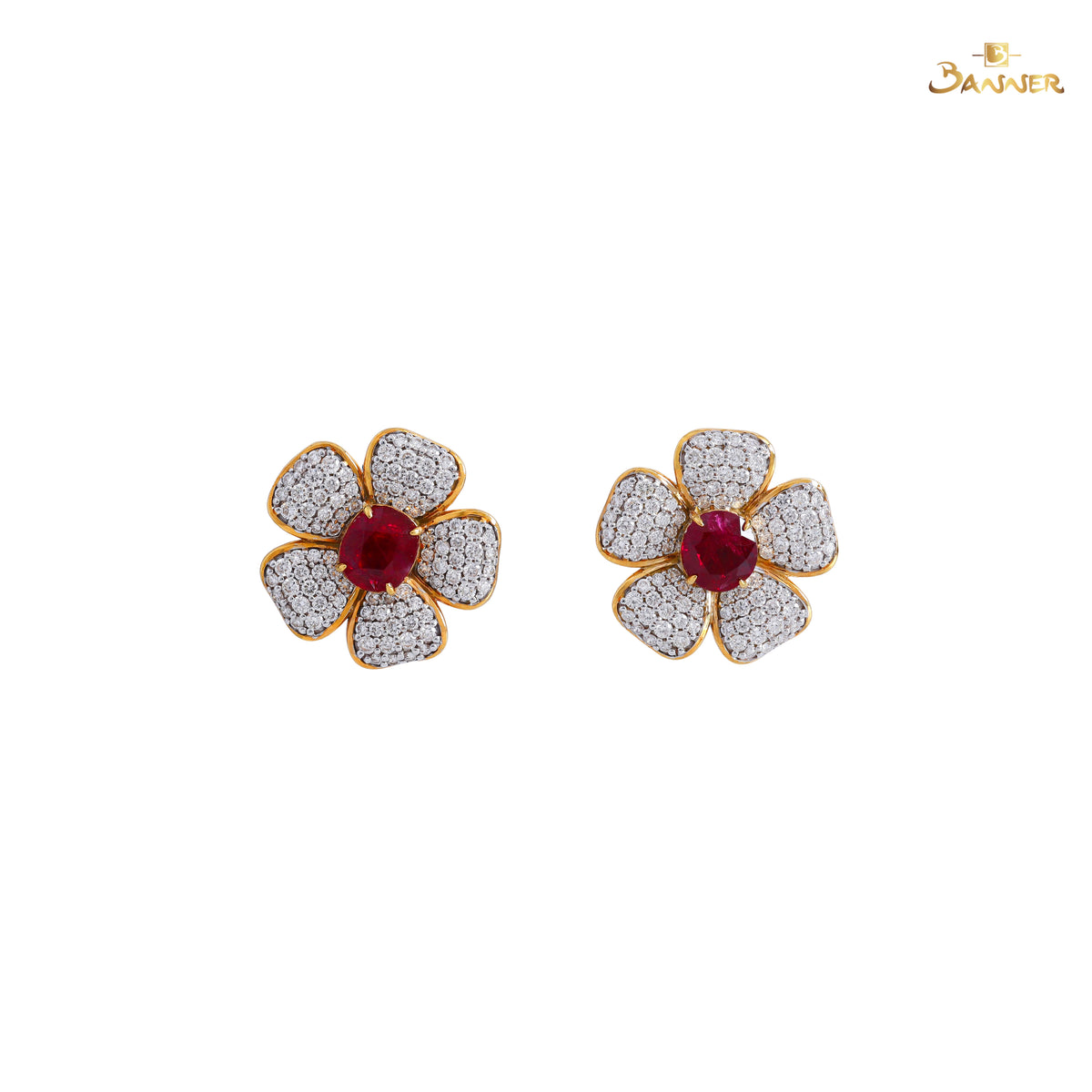 Natural Ruby and Diamond Plumeria Floral Earrings
