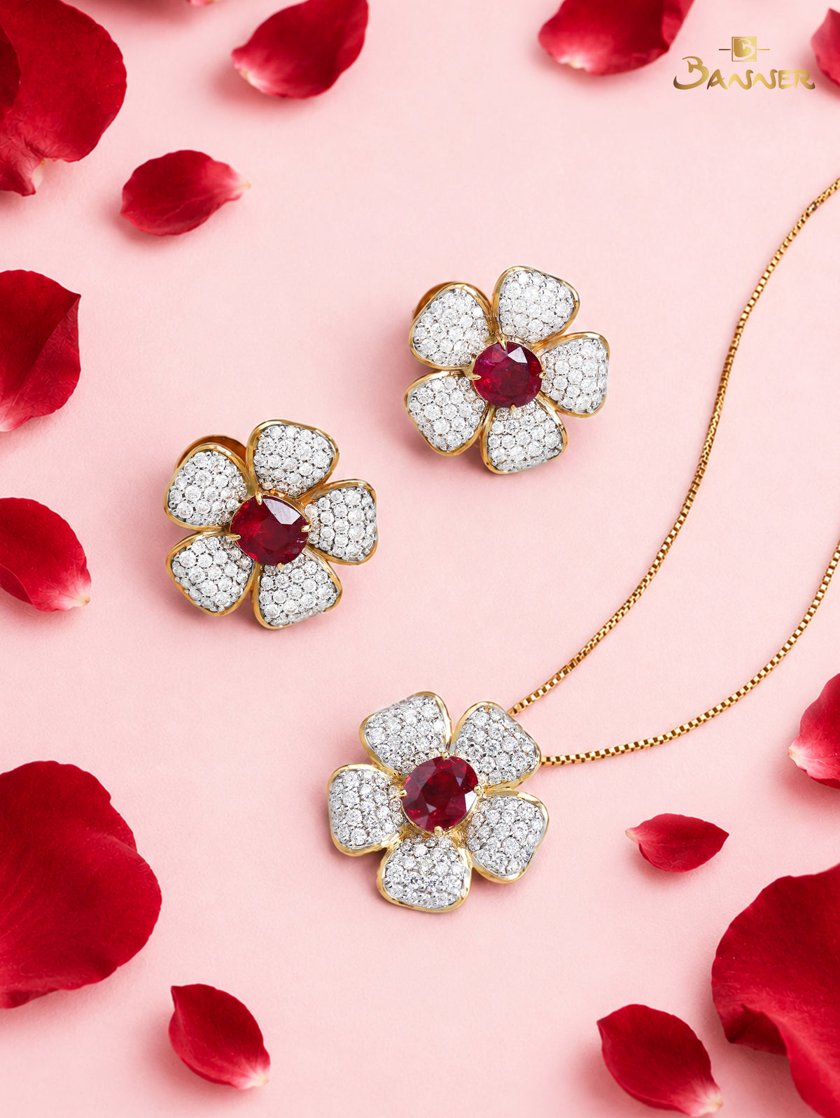 Natural Ruby and Diamond Plumeria Floral Earrings