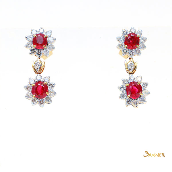 Ruby and Diamond Sunflower Dangle Earrings