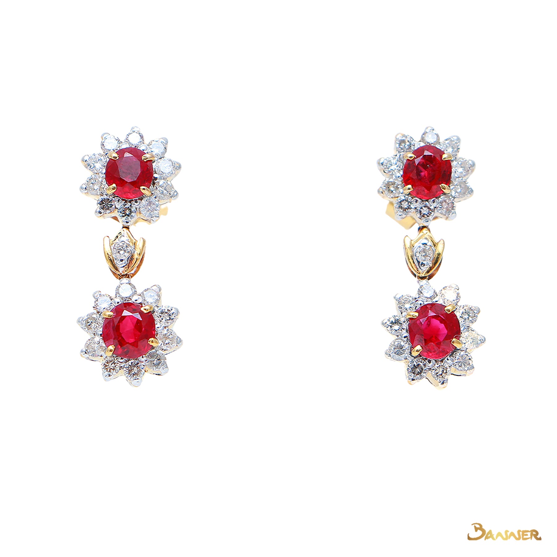 Ruby and Diamond Sunflower Dangle Earrings