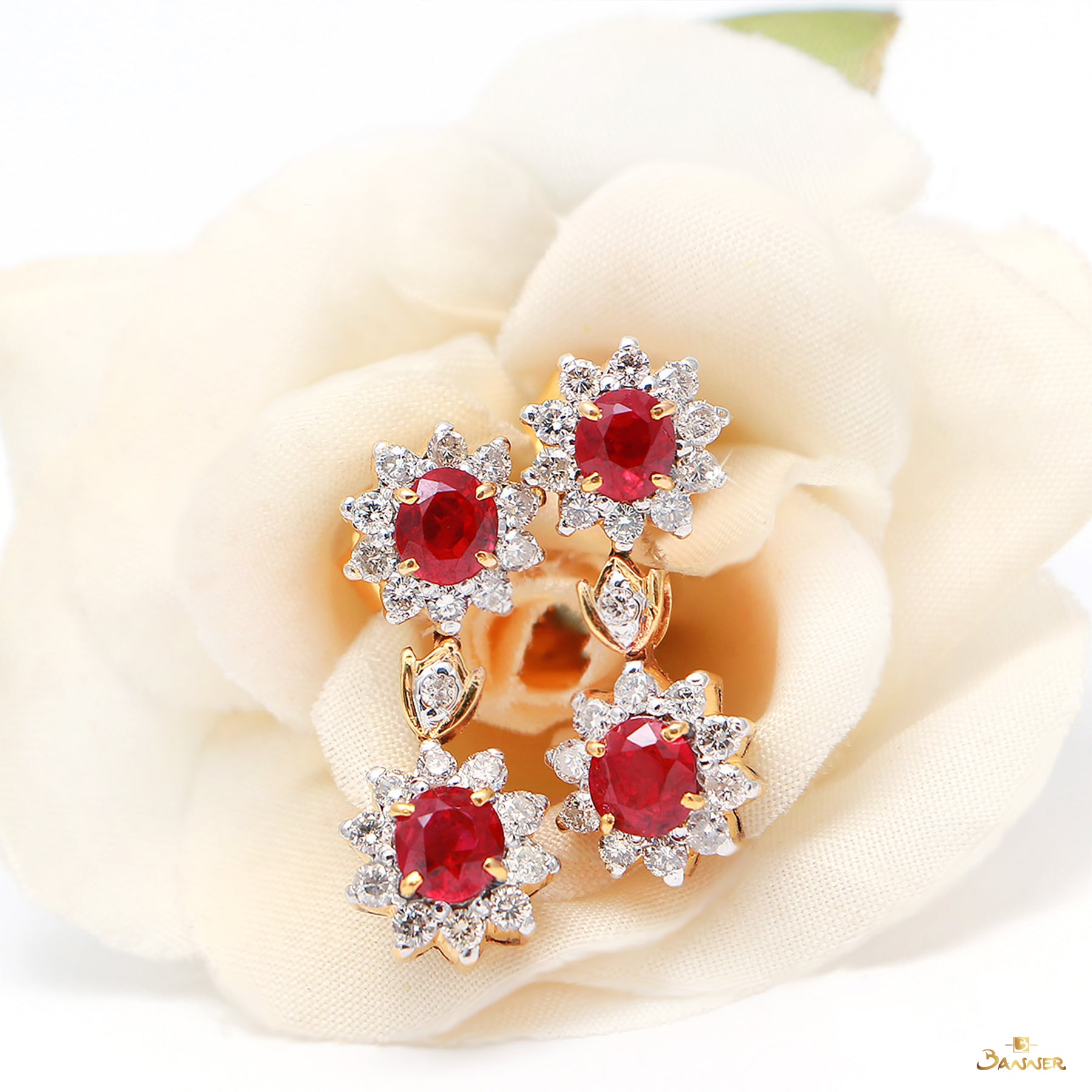 Ruby and Diamond Sunflower Dangle Earrings