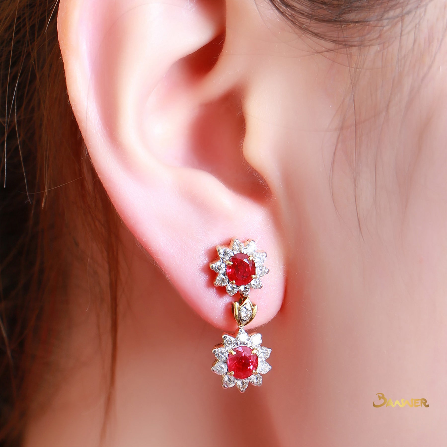 Ruby and Diamond Sunflower Dangle Earrings