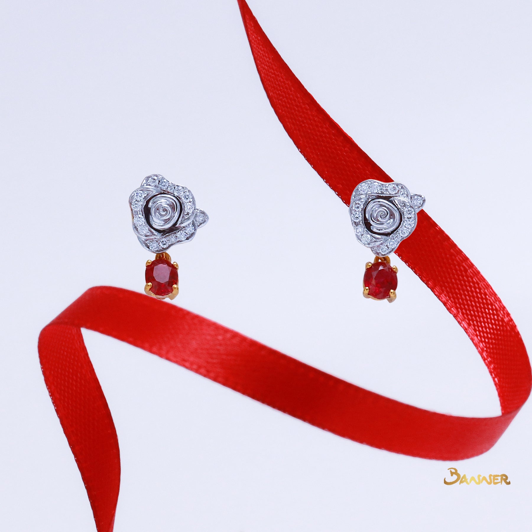 Ruby and Diamond Rose Earrings