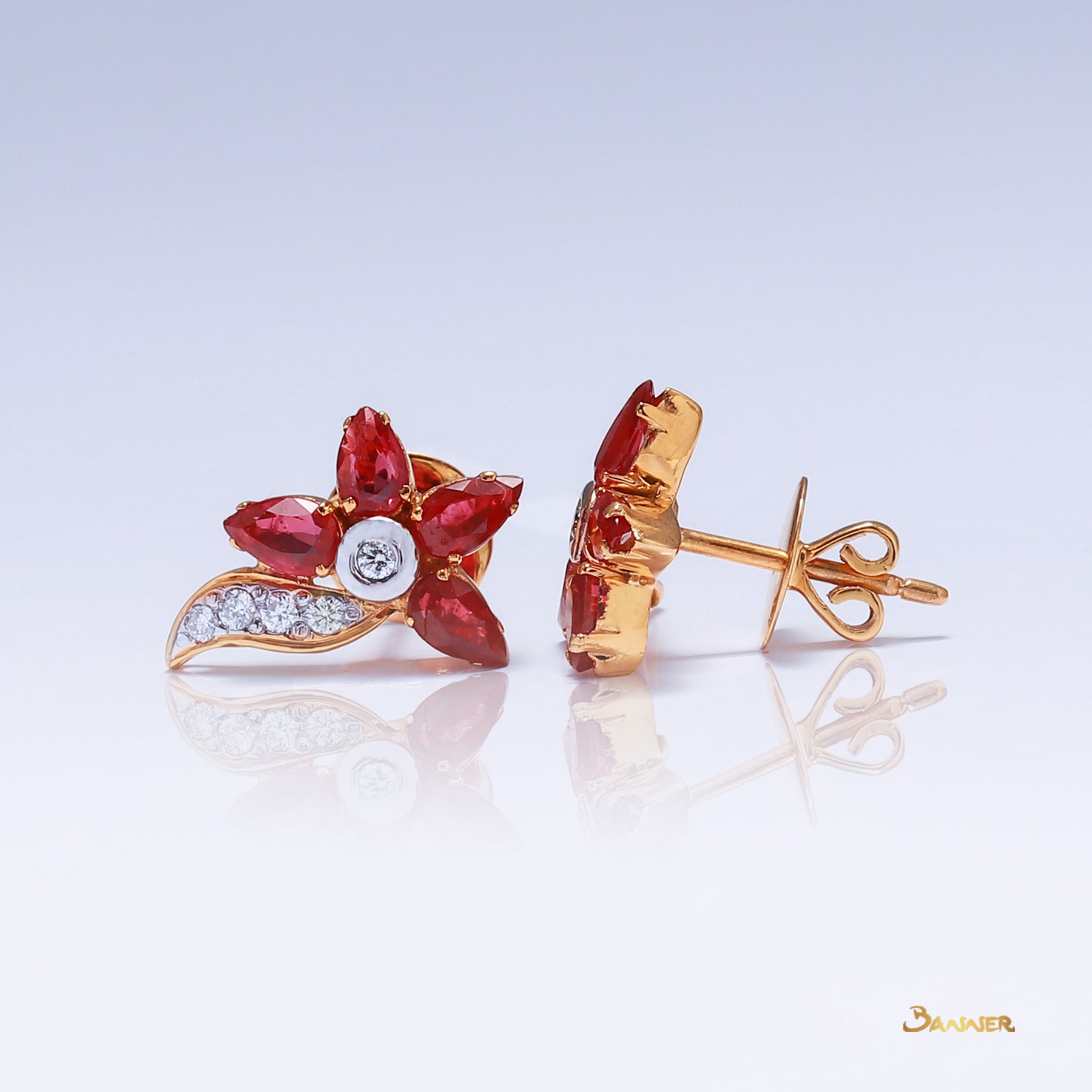 Ruby and Diamond Flower Earrings