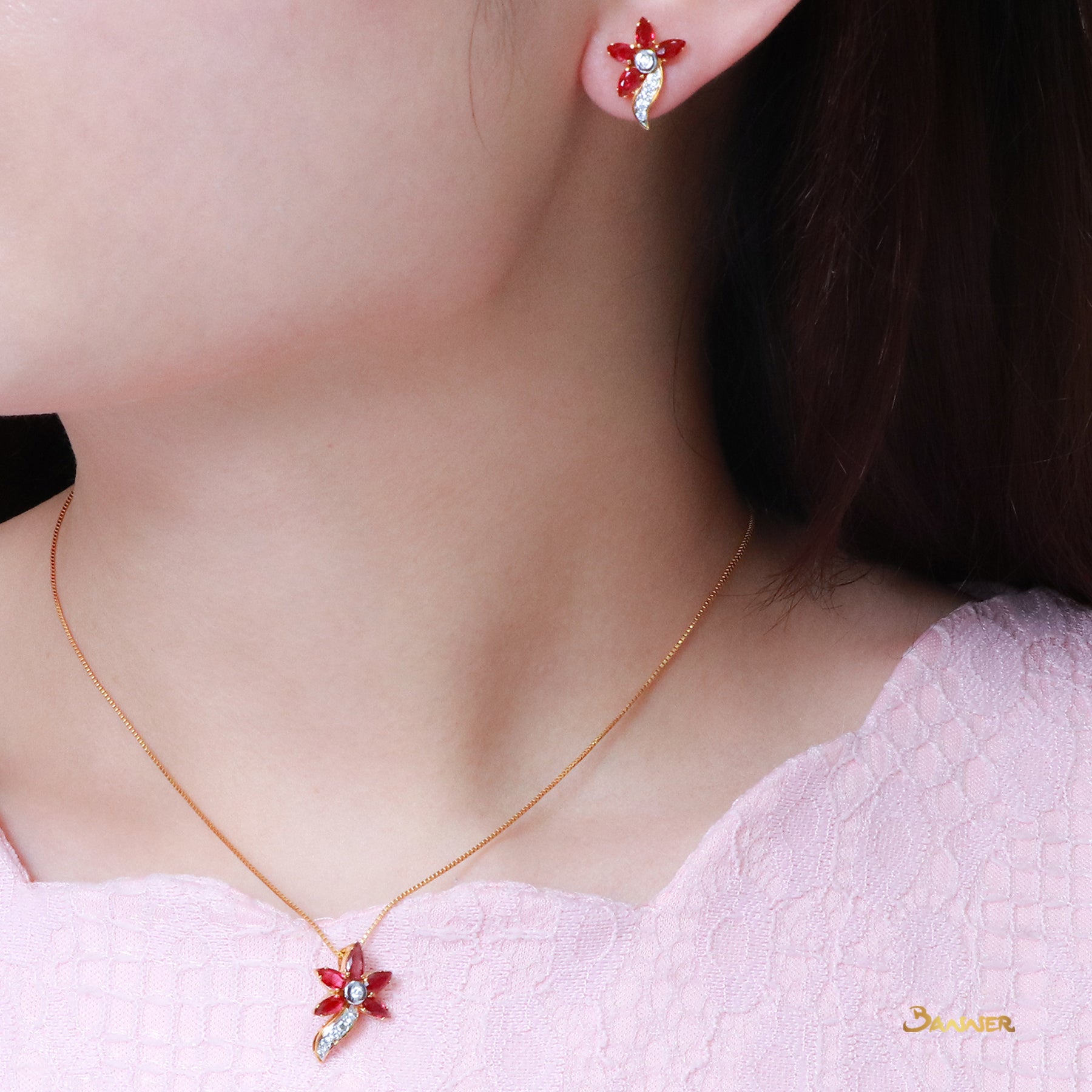 Ruby and Diamond Flower Earrings