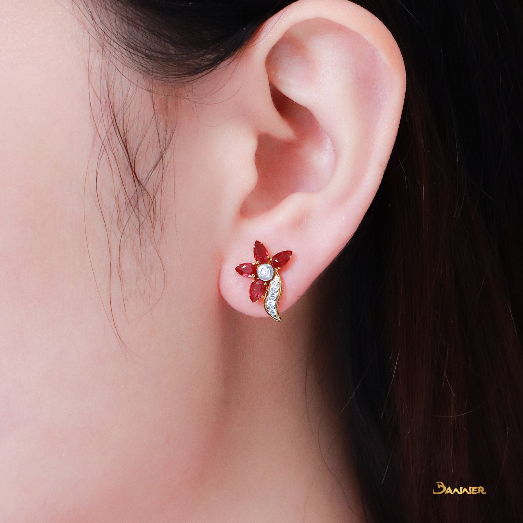 Ruby and Diamond Flower Earrings