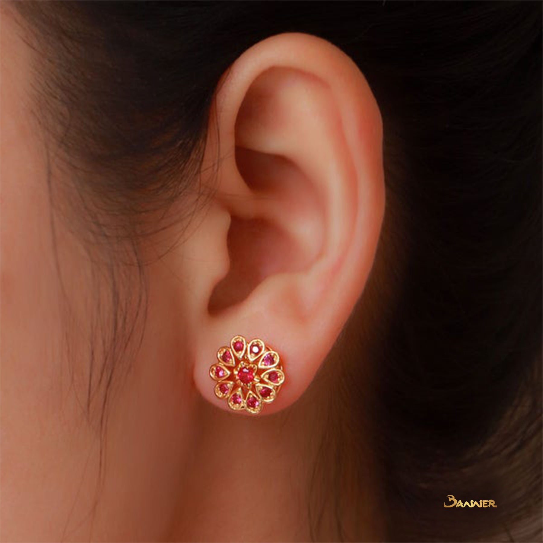 Ruby Flower-shaped 3-way Earrings