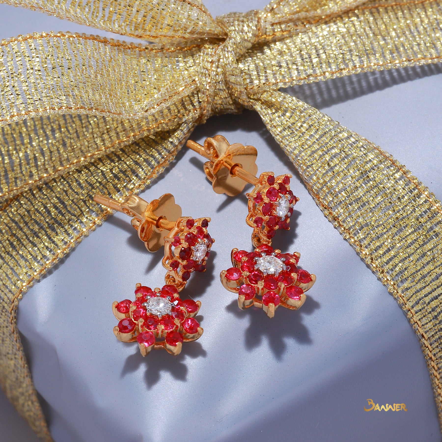 Ruby and Diamond Floral Earrings